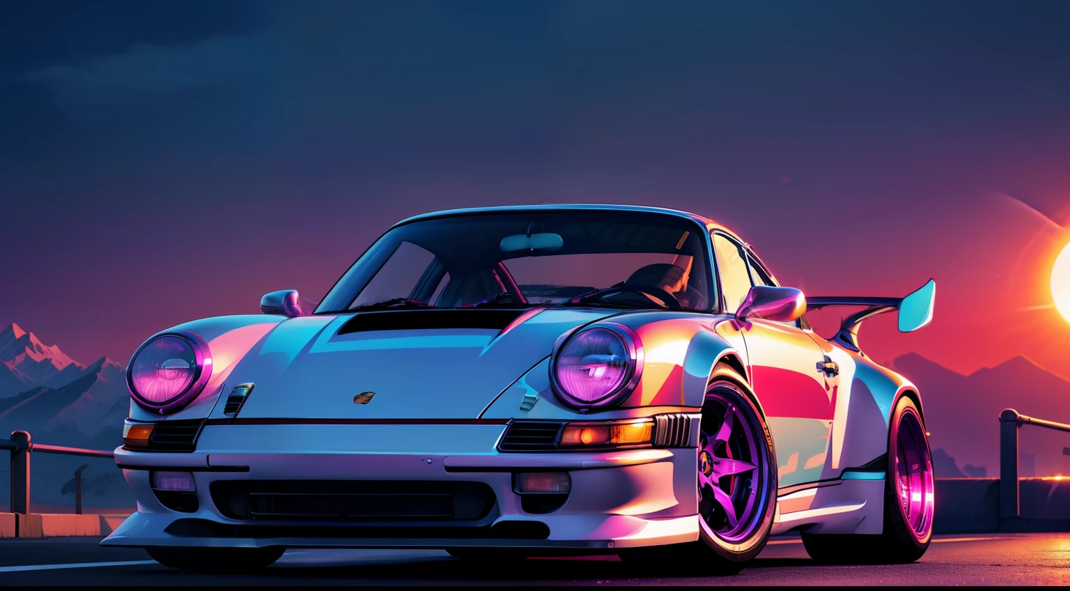 retrowave. City, Porsche 911 rwb, large wheels, slammed, wide body kit, Road, PURPLE NEON MONITOR LIGHT, Sun, Mountain, (Masterpiece, Detailed, A high resolution),