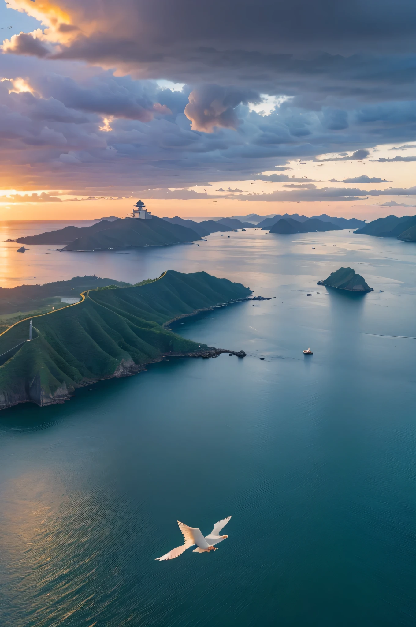 (masterpiece, best quality:1.2), Chinese style，island sunrise，lighthouse，flying bird，The water is calm