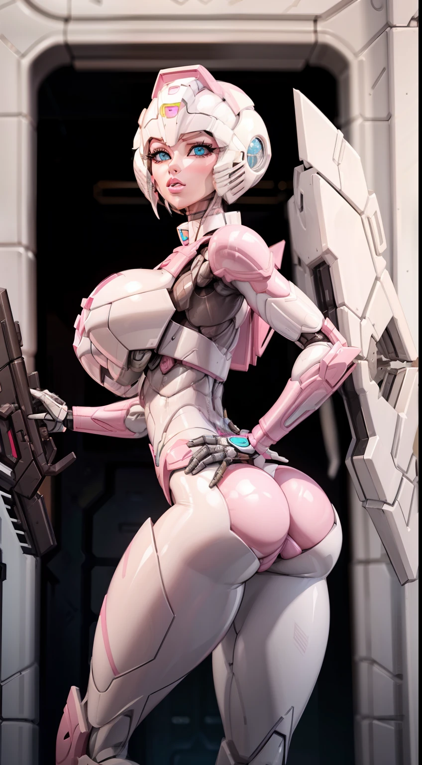 (Arcee), Arafed Mujer con un traje futurista posando para una foto, (detailed face), defined cheekbones, (puffy lips), (white sclera), en armadura futurista blanca, girl in mecha cyber armor, (helmet covers forehead), full lips, (pink and white color scheme), large shoulders, large ass, ((ass air bags)), (ass cleavage), Renderizado del motor irreal + una diosa, Armadura cyborg de porcelana, Armadura blanca brillante, (pink and white aesthetic), (gigantic breasts), slim waist, cybernetic abs, ((pink face)), cuerpo cyborg ginoide, (aletta ocean face), Hermosa y atractiva cyborg femenina, Diferentes cibertrajes, Hermosa cyborg hembra, Hermosa chica blanca cyborg, Con armadura futurista, Perfecto cyborg hembra