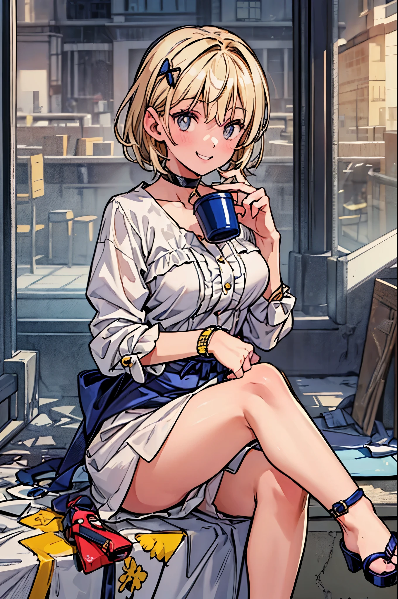 "best quality,ultra-detailed,((background:cafeteria1,8)),(one boy),(full body),portraits,((sissy boy,tomboy,FemBoy,trap)),bulge,(sitting on the chair),(having a cup),(natural makeup),black choker,necklace,(short blonde hair),boy's face,,((smile+happy)),((maxi-length-dress)),(patterned dress),(high-heel-sandal),,vibrant colors,soft lighting"