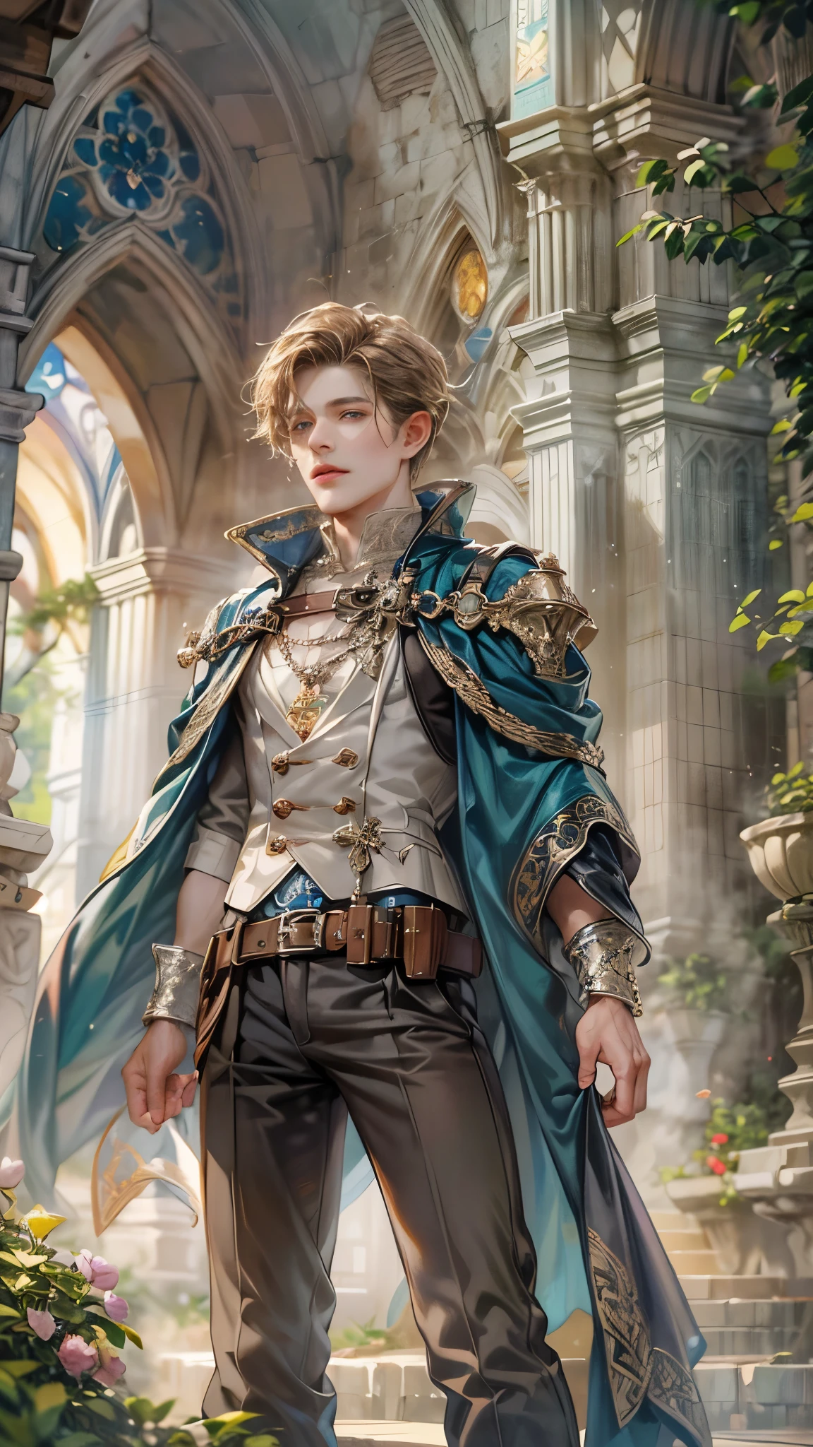 (absurdres, highres, ultra detailed, HDR), masterpiece, Intricate details,best quality picture of a character from Octopath Traveler, handsome adult boy in tim burton style, anime eyes, Hero Outfit showing Chest with cape in a random color, detailed outside garden cathedral scenery, detailed character, art kenouji