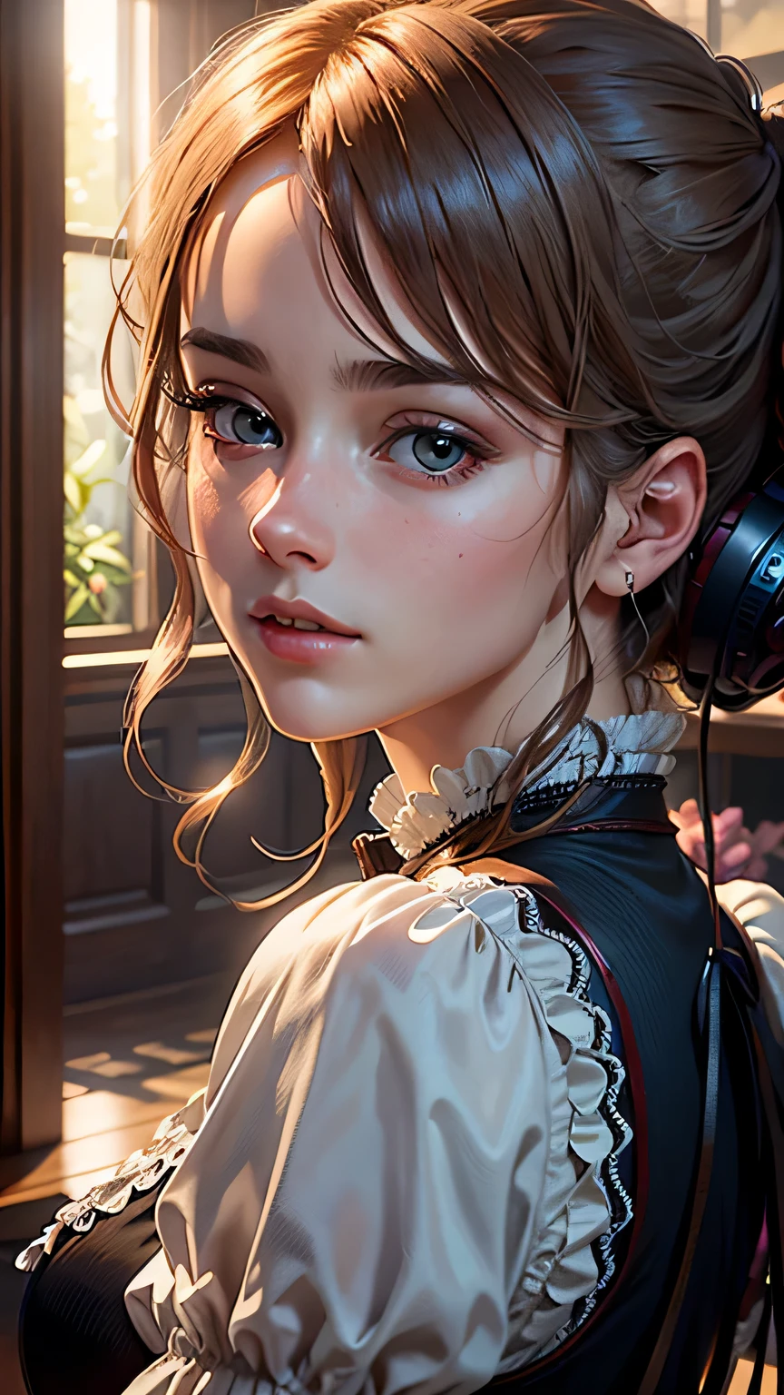 masterpiece, highest quality, (8K wallpaper that integrates high-definition CG), (highest quality), (Best Illustration), (best shadow), (Stable diffusion model), violet evergarden, Sparkling, beautiful, victorian style bedroom, dynamic lighting, written boundary depth、((close up of face))