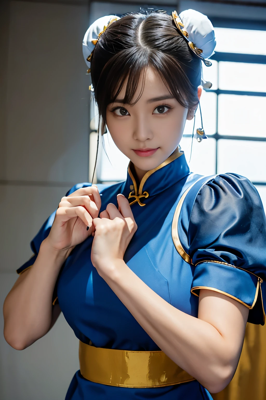 Chun-Li from Street Fight II,perfect chun li costume,Blue cheongsam with gold lines,Bun head,bun cover,fighting pose,masterpiece、1 beautiful girl、fine eyes、puffy eyes、highest quality, 超High resolution, (reality: 1.4), movie lighting、Japanese、asian beauty、Korean、super beautiful、beautiful skin、body facing forward、close up of face、(超reality的な)、(High resolution)、(8k)、(very detailed)、(美しくfine eyes)、(Super detailed)、 (wall-)、detailed face、bright lighting、professional lighting、looking at the viewer、look straight ahead、slanted bangs、Nogizaka Idol、korean idol、masterpiece, highest quality, masterpiece, highest quality, perfect face, perfect brown eyes with white sclera, bad move-5, alone, 1 girl, Upper body, brown hair, From SF2, Chinese service, smile, muscular woman, blue clothes, pantyhose, pelvic curtain, Puffy short sleeves, Good cover, sash, evaluation:safety