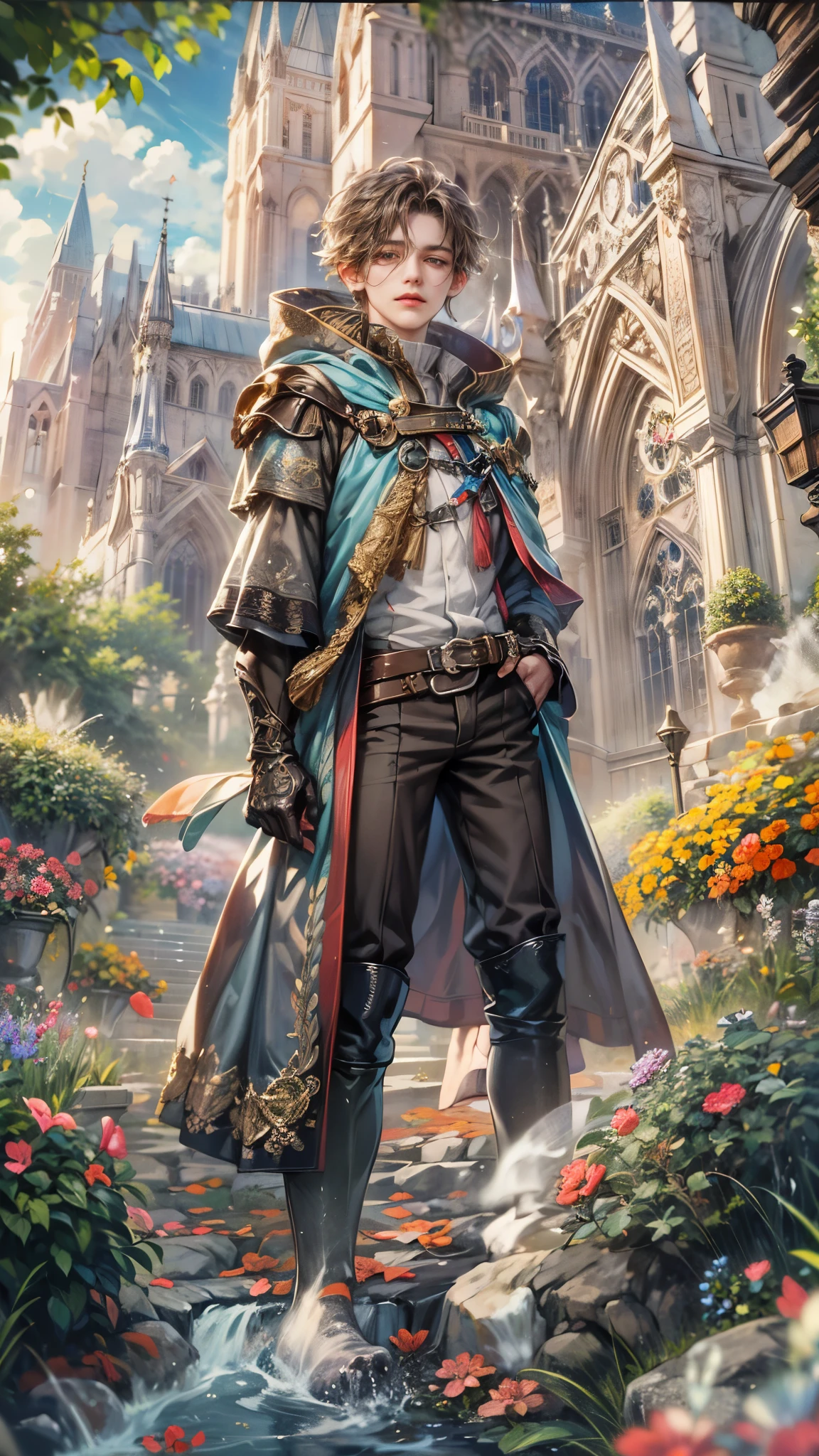 (absurdres, highres, ultra detailed, HDR), masterpiece, Intricate details,best quality picture of a character from Octopath Traveler, handsome adult boy in tim burton style, anime eyes, Hero Outfit showing Chest with cape in a random color, detailed outside garden cathedral scenery, detailed character, art kenouji