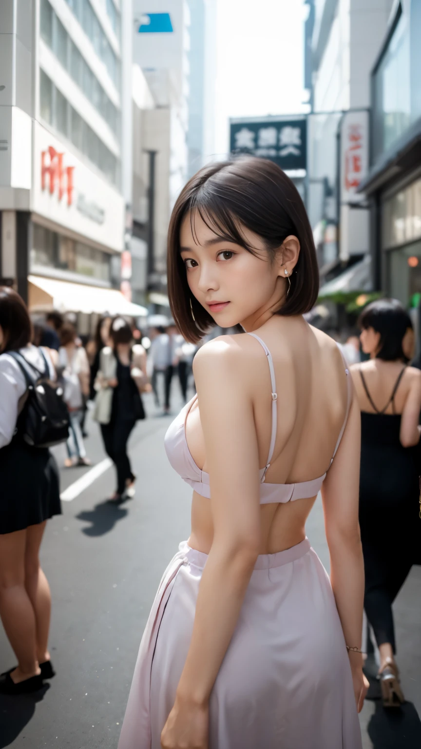 (Surrealism, RAW photo, Incredibly absurd, Nikon, 8k, super detail, masterpiece, intricate details), 
(anatomically correct, perfect human body, beautiful and cute face, silky skin), 
(16 years old, Japanese girl, idle face, Haruka Fukuhara, slim waist and busty body, Slender legs, large breast, baby face), 
((round face, black hair, short bob cut, bangs, Down-slating eyebrows, Moist eyes, Shining eyes, one little earring, light blush)), 
(look back), 
(look at viewer, look at camera), 
(Tokyo, Aoyama, Main street, luxury building, luxury background, very crowded road), 
Natural lighting, angle from behind:1.5