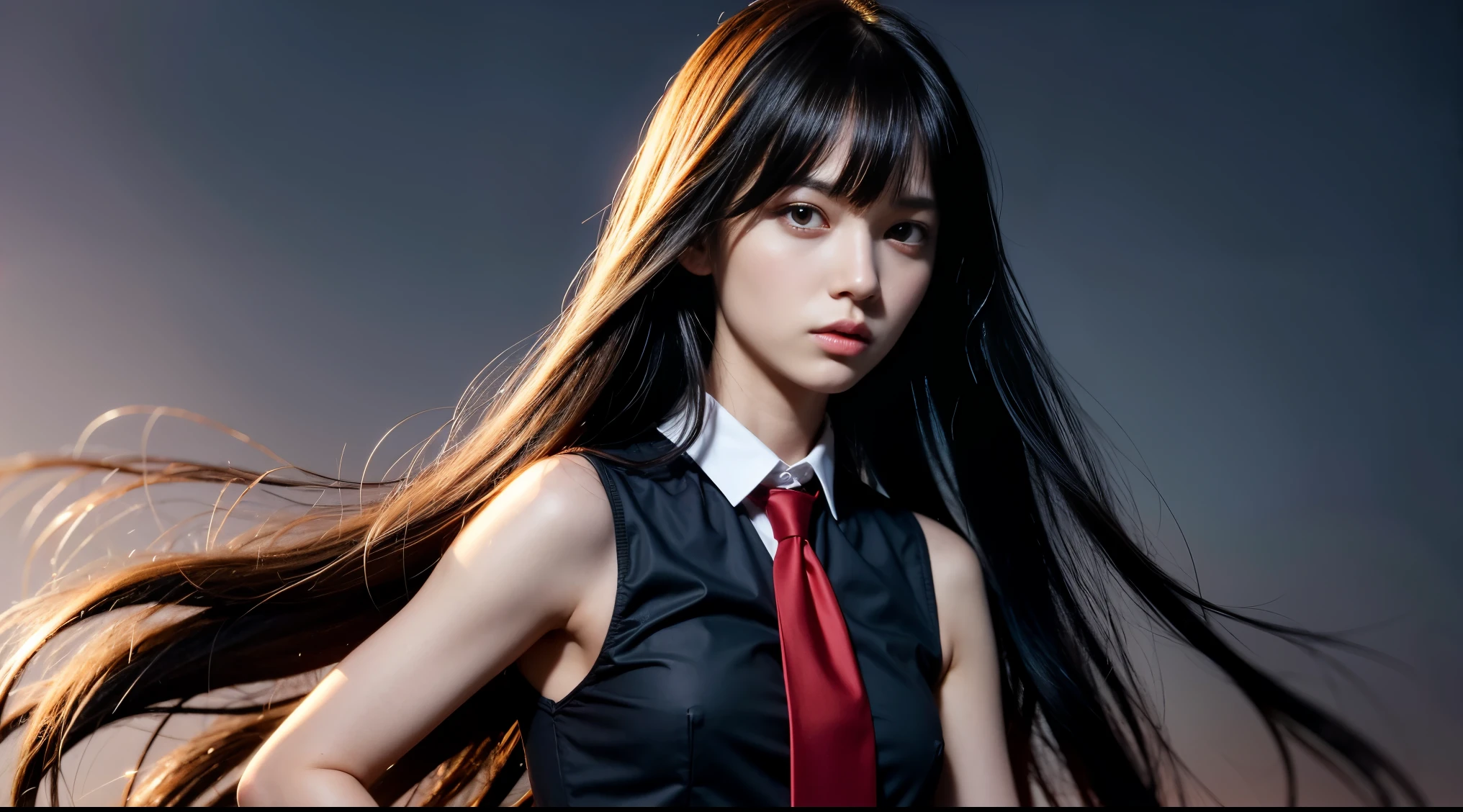 pretty, young, girl, long hair, black hair, (((red eyes))), bangs, (dark shirt), sleeveless, white collar, red tie, small breast, black gloves, black skirt, upper body, white skin, 18 year old, beauty, 1 girl, slender, extremely beautiful face, exquisite face, intimidating look