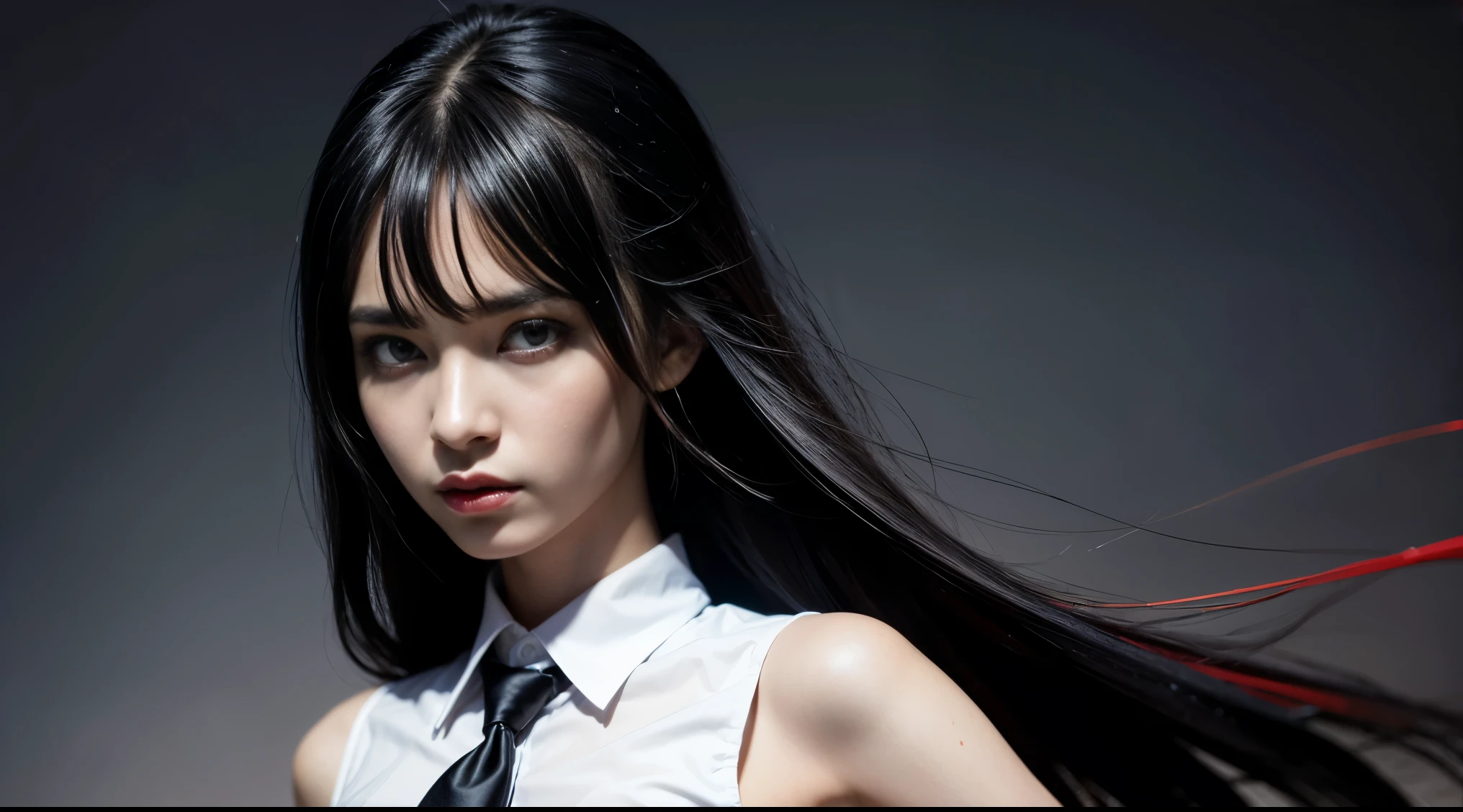 pretty, young, girl, long hair, black hair, (((red eyes))), bangs, (dark shirt), sleeveless, white collar, red tie, small breast, black gloves, black skirt, upper body, white skin, 18 year old, beauty, 1 girl, slender, extremely beautiful face, exquisite face, intimidating look