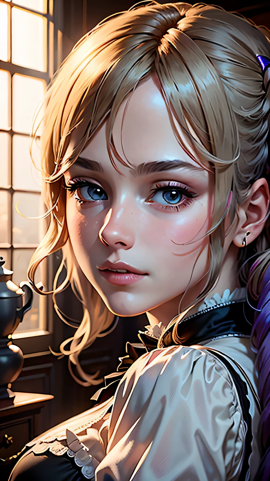 masterpiece, highest quality, (8K wallpaper that integrates high-definition CG), (highest quality), (Best Illustration), (best shadow), (Stable diffusion model), violet evergarden, Sparkling, beautiful, victorian style bedroom, dynamic lighting, written boundary depth､((close up of face))