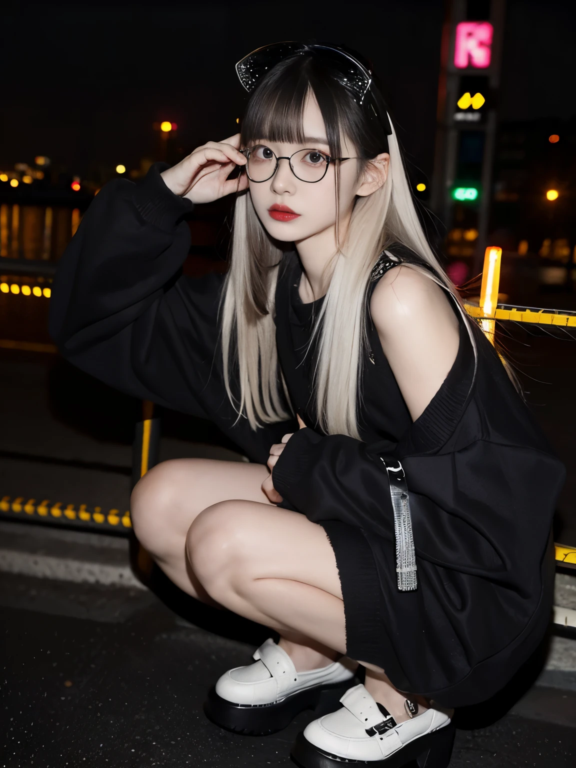 raw photo, 8k, (top-quality), Realistic, (real picture, Intricate details), (natural skin texture, detailed skin, hyper realism, sharpness), (Japanese teenage girl squatting in a downtown area at night, neon light), ((glasses, jirai fashion with black and white)), (((flat chast:1.5))), (slender body, pale skin:1.2), ((white hair, straight hair, blunt bangs)), (glasses, eye shadow, eyeliner, tear bag:1.3, red lips), night time, spot lighting:1.3