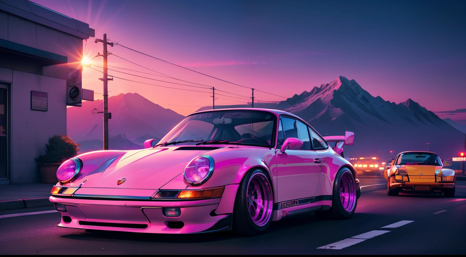retrowave. City, Porsche 911 rwb, large wheels, slammed, wide body kit, Road, PURPLE NEON MONITOR LIGHT, Sun, Mountain, (Masterpiece, Detailed, A high resolution),