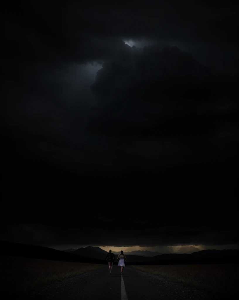 (the) best quality,ultra-detailed,realistic,photorealistic:1.37,(HDR,UHD),(studio lighting,sharp focus), a (dramatic,emotional) film shot with [(cinematic,hollywood),(dark,twisted)] style, (vivid colors,muted tones), featuring a (beautiful,detailed) [landscape,cityscape], with (dynamic,moody) lighting, capturing the (intense,poignant) moment of (a person),(two people) [(running,escaping),(embracing,fighting)], under the (dramatic,surreal) sky, in the (foreboding,enchanted) setting, (with a touch of mystery).