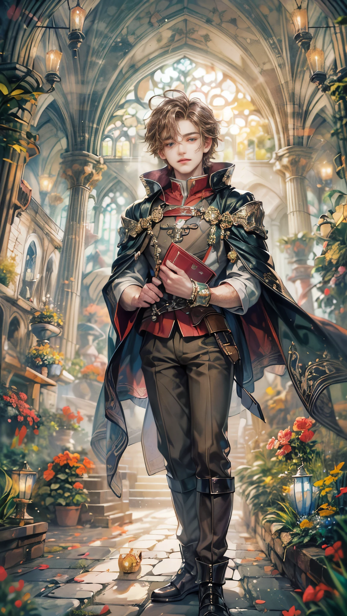 (absurdres, highres, ultra detailed, HDR), masterpiece, Intricate details,best quality picture of a character from Octopath Traveler, handsome adult boy in tim burton style, anime eyes, Hero Outfit see through showing Chest with cape in a random color, detailed outside garden cathedral scenery, detailed character, art kenouji