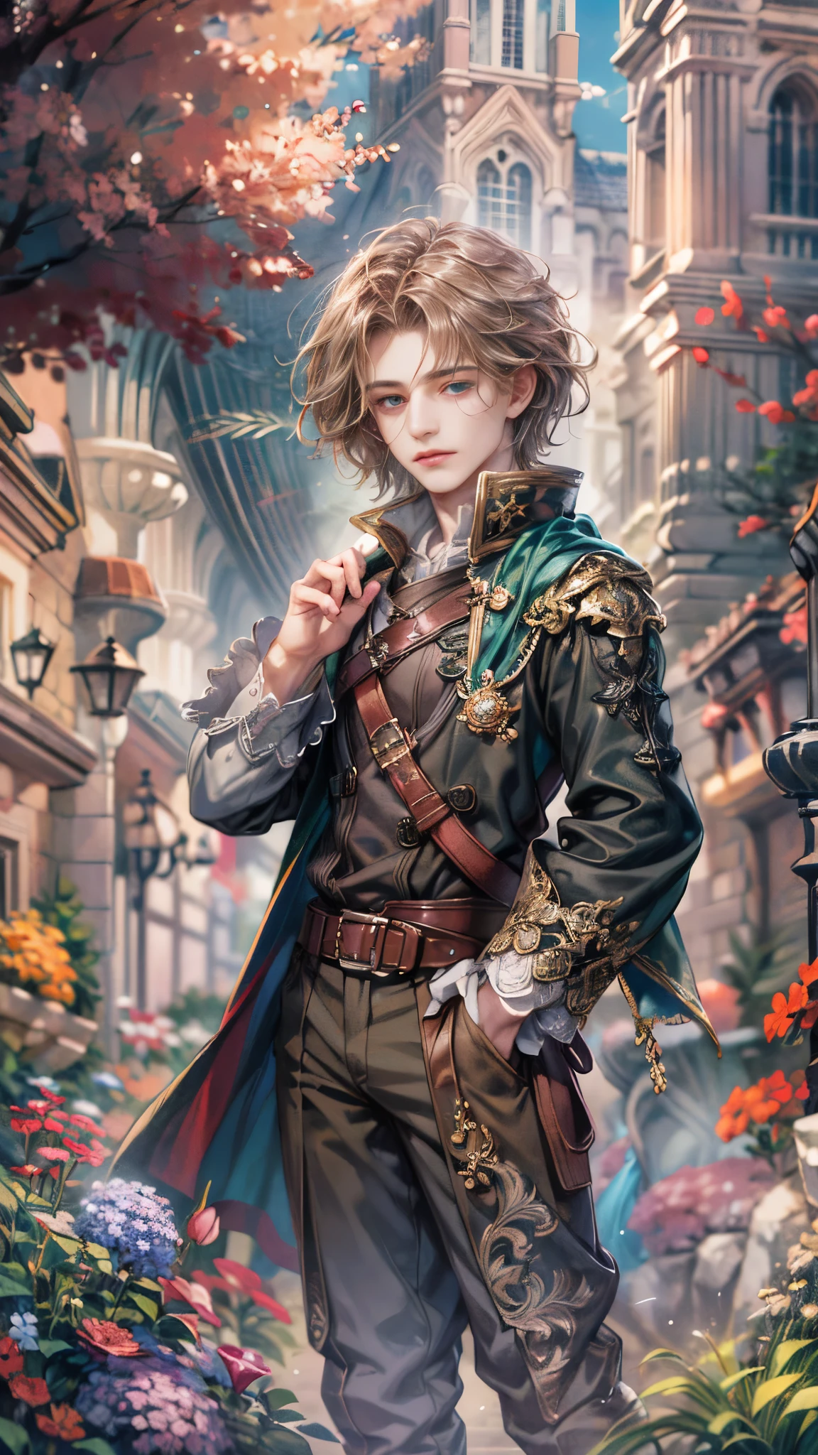 (absurdres, highres, ultra detailed, HDR), masterpiece, Intricate details,best quality picture of a character from Octopath Traveler, handsome adult boy in tim burton style, anime eyes, Hero Outfit see through showing Chest with cape in a random color, detailed outside garden cathedral scenery, detailed character, art kenouji