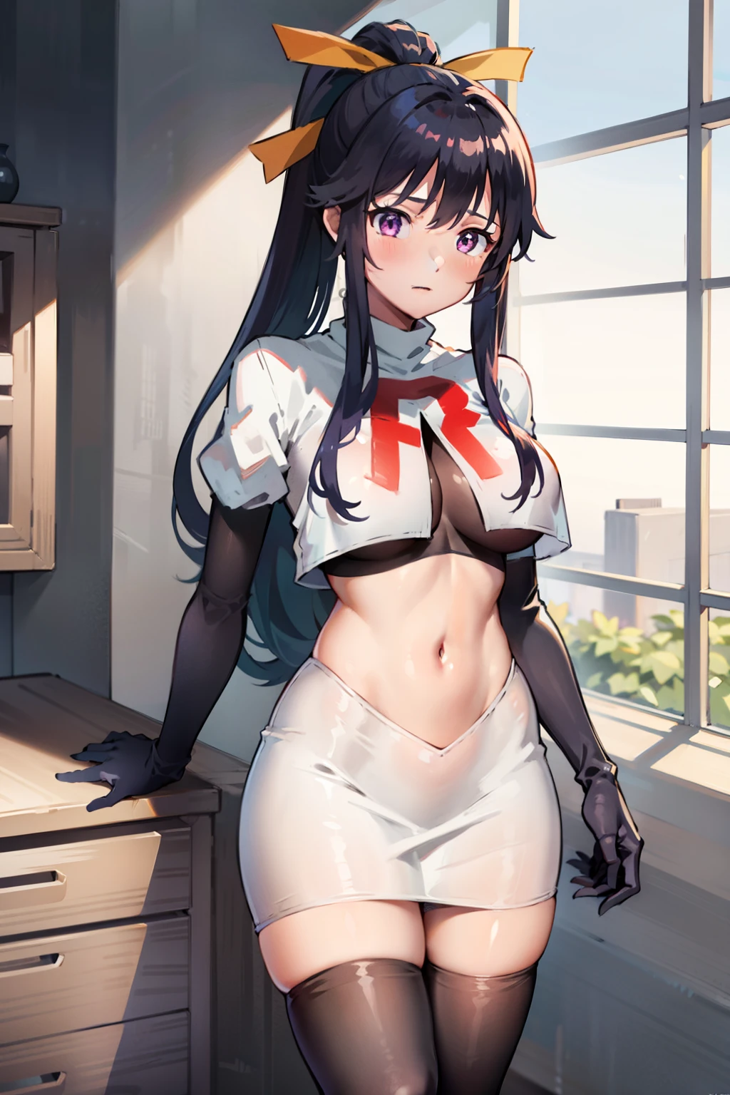 akane, 1girl, solo, long hair, skirt, large breasts, black hair, ribbon, very long hair, purple eyes, hair ribbon, ponytail, hakama skirt, miko, masterpiece, team rocket,team rocket uniform, red letter R, white skirt,white crop top,black thigh-highs,black elbow gloves
