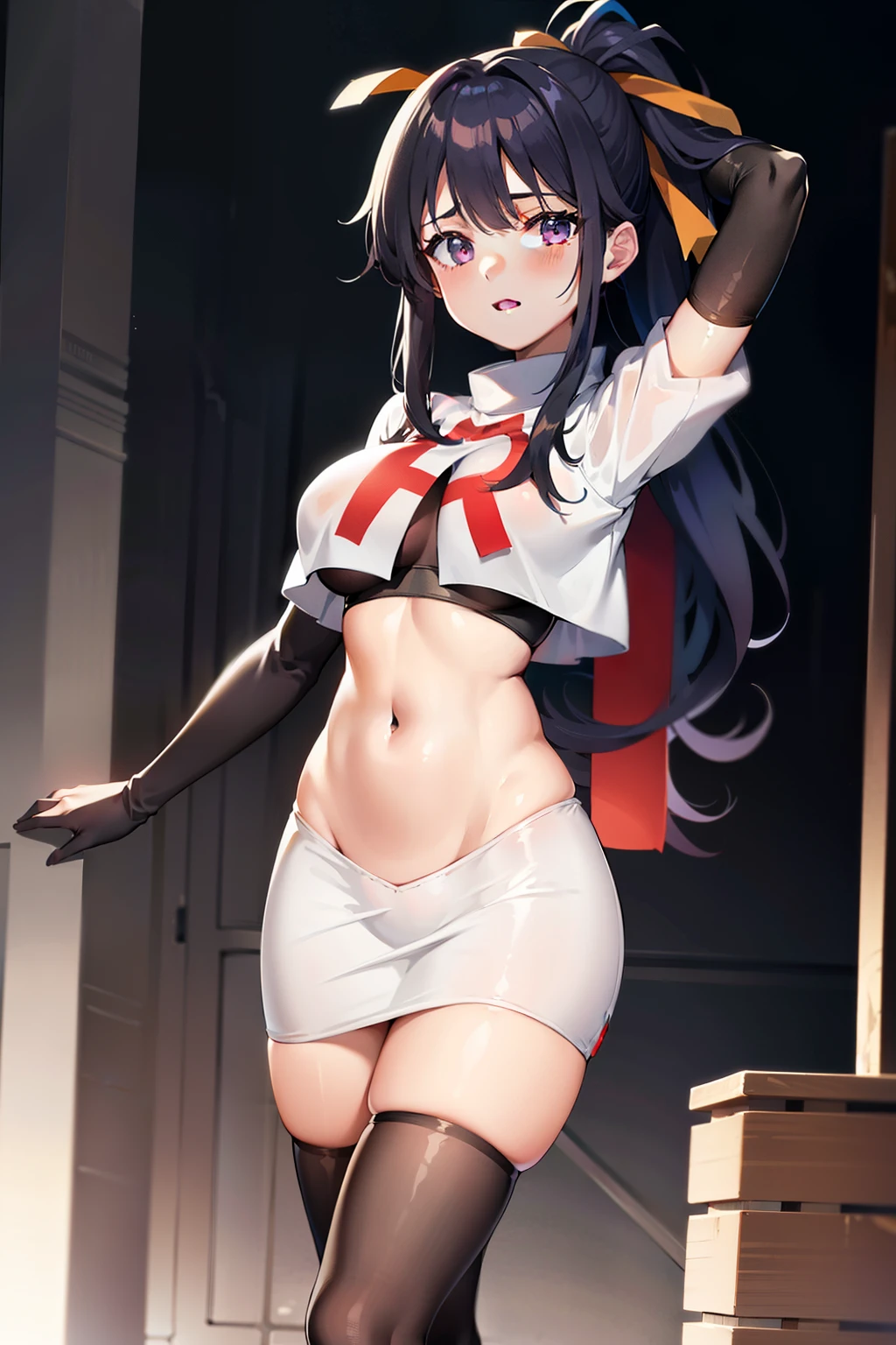 akane, 1girl, solo, long hair, skirt, large breasts, black hair, ribbon, very long hair, purple eyes, hair ribbon, ponytail, hakama skirt, miko, masterpiece, team rocket,team rocket uniform, red letter R, white skirt,white crop top,black thigh-highs,black elbow gloves