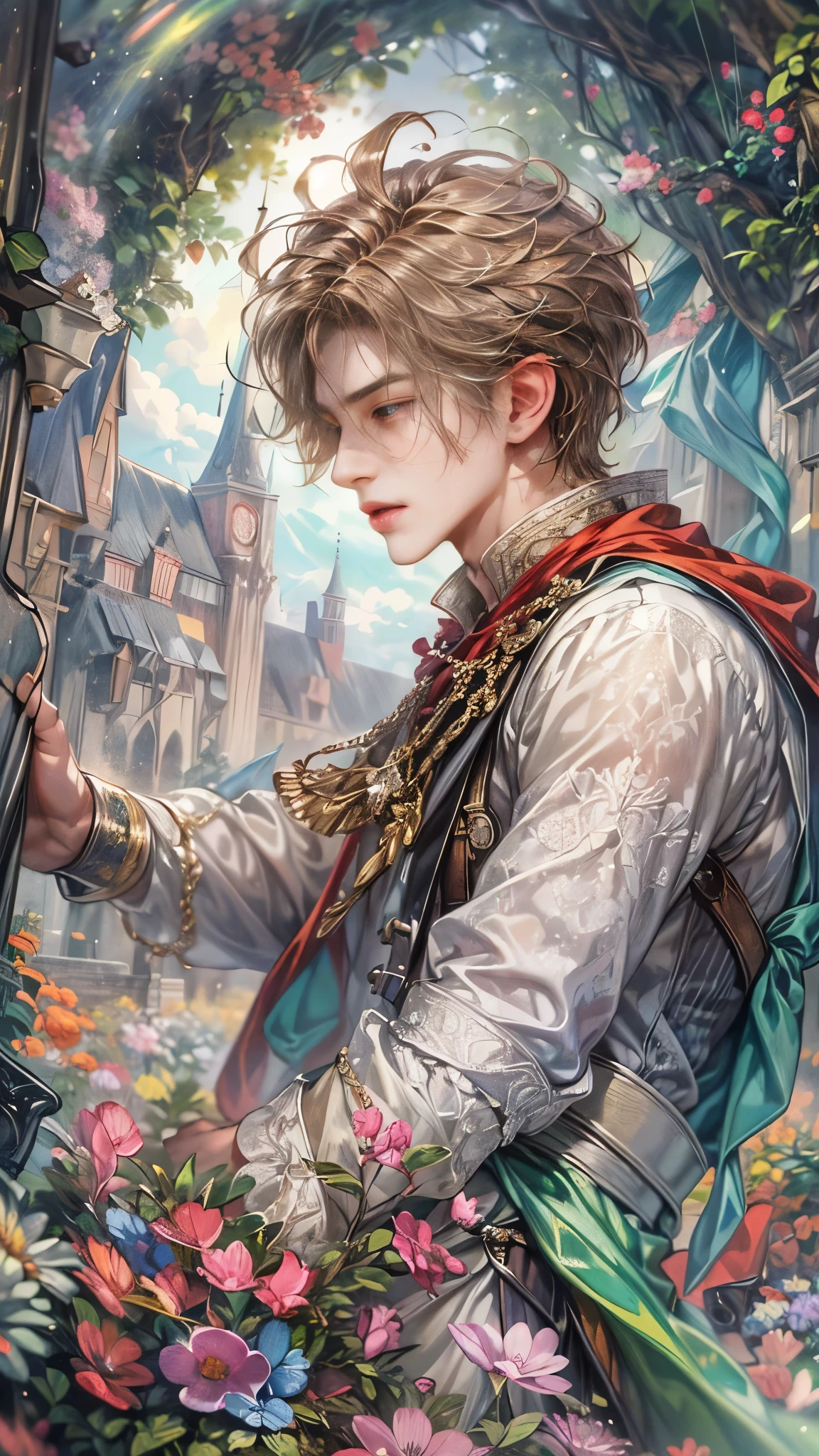 (absurdres, highres, ultra detailed, HDR), masterpiece, Intricate details,best quality picture of a character from Octopath Traveler, handsome adult boy in tim burton style, anime eyes, Hero Outfit see through showing Chest with cape in a random color, detailed outside garden cathedral scenery, detailed character, art kenouji