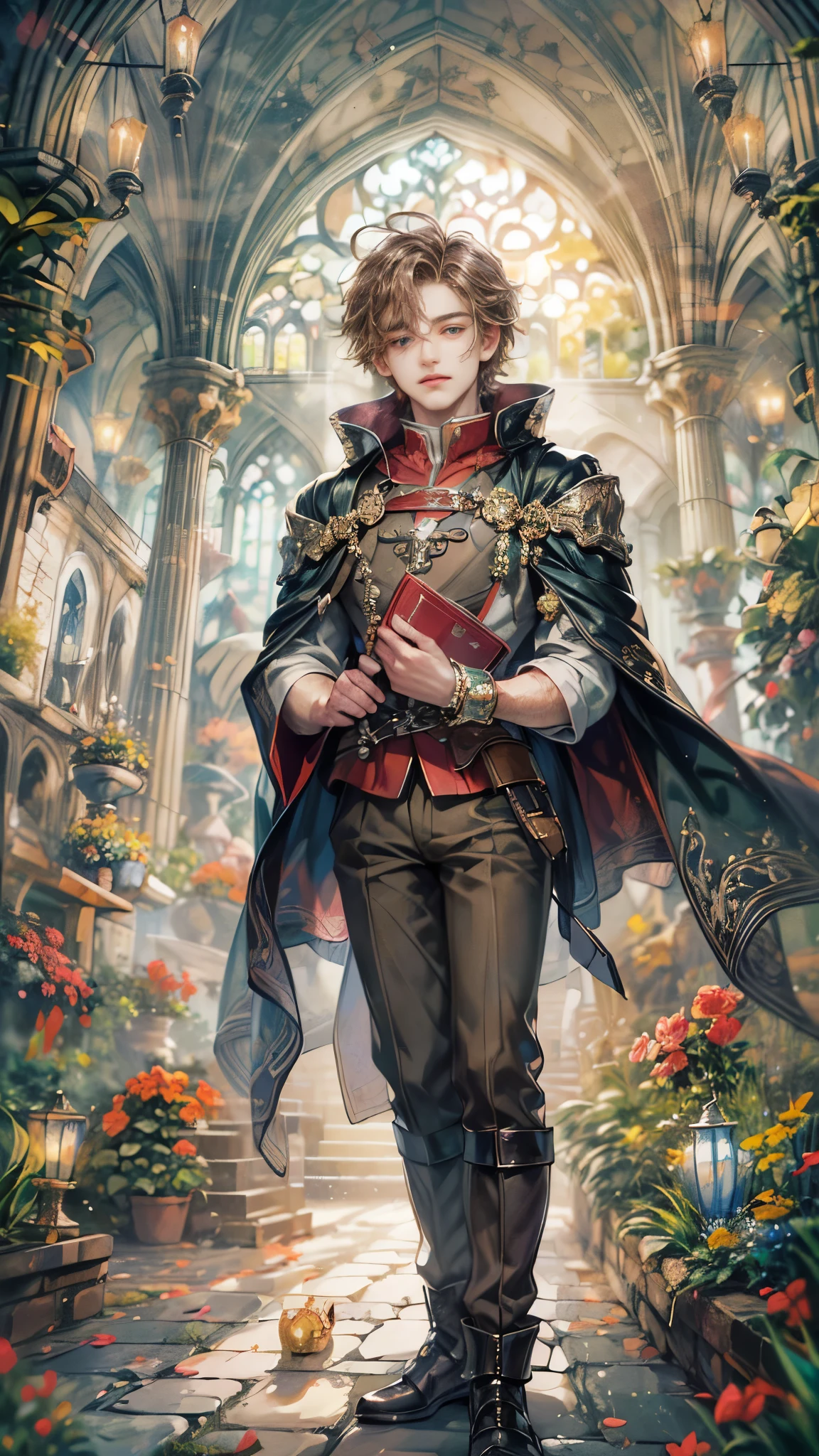 (absurdres, highres, ultra detailed, HDR), masterpiece, Intricate details,best quality picture of a character from Octopath Traveler, handsome adult boy in tim burton style, anime eyes, Hero Outfit see through showing Chest with cape in a random color, detailed outside garden cathedral scenery, detailed character, art kenouji