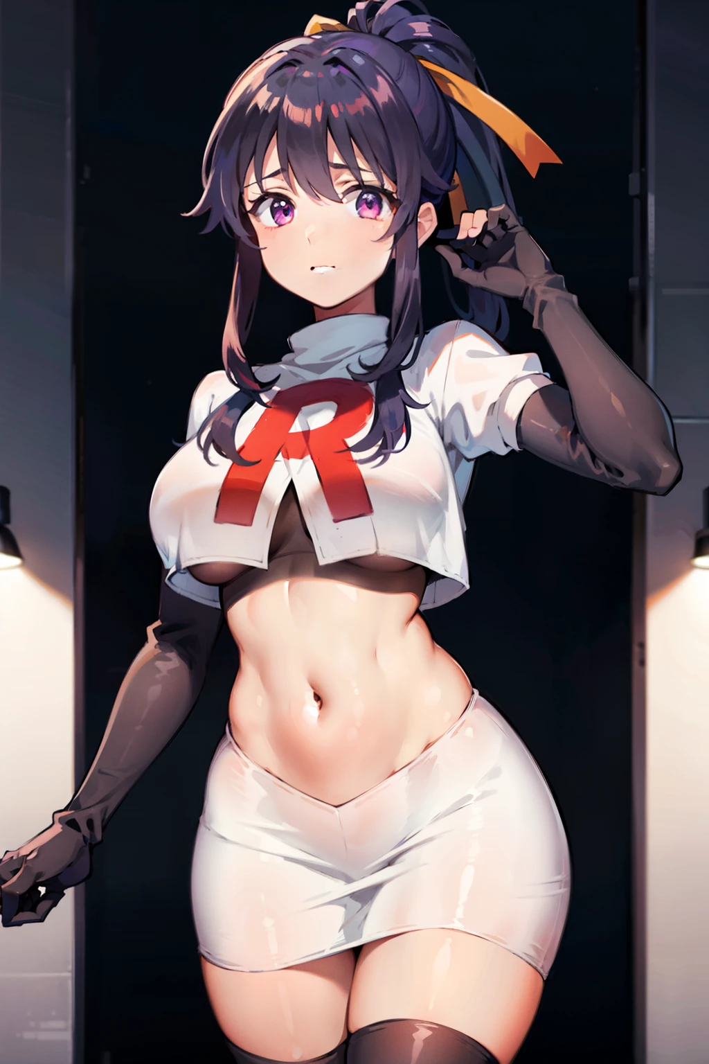 akane, 1girl, solo, long hair, skirt, large breasts, black hair, ribbon, very long hair, purple eyes, hair ribbon, ponytail, hakama skirt, miko, masterpiece, team rocket,team rocket uniform, red letter R, white skirt,white crop top,black thigh-highs,black elbow gloves