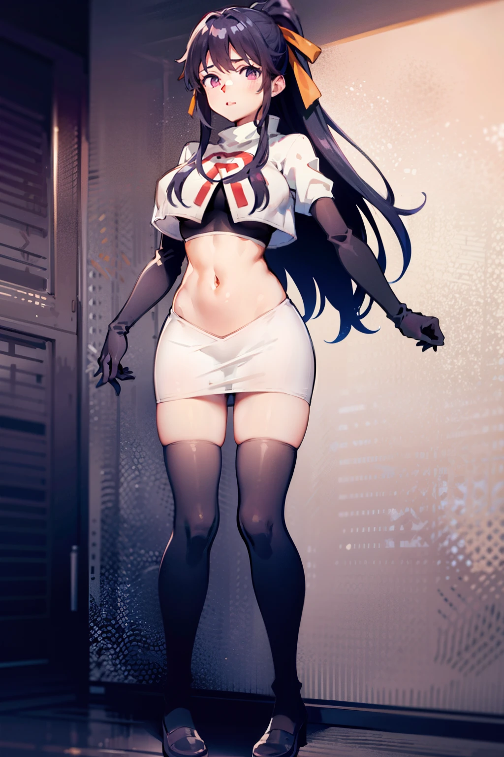 akane, 1girl, solo, long hair, skirt, large breasts, black hair, ribbon, very long hair, purple eyes, hair ribbon, ponytail, hakama skirt, miko, masterpiece, team rocket,team rocket uniform, red letter R, white skirt,white crop top,black thigh-highs,black elbow gloves