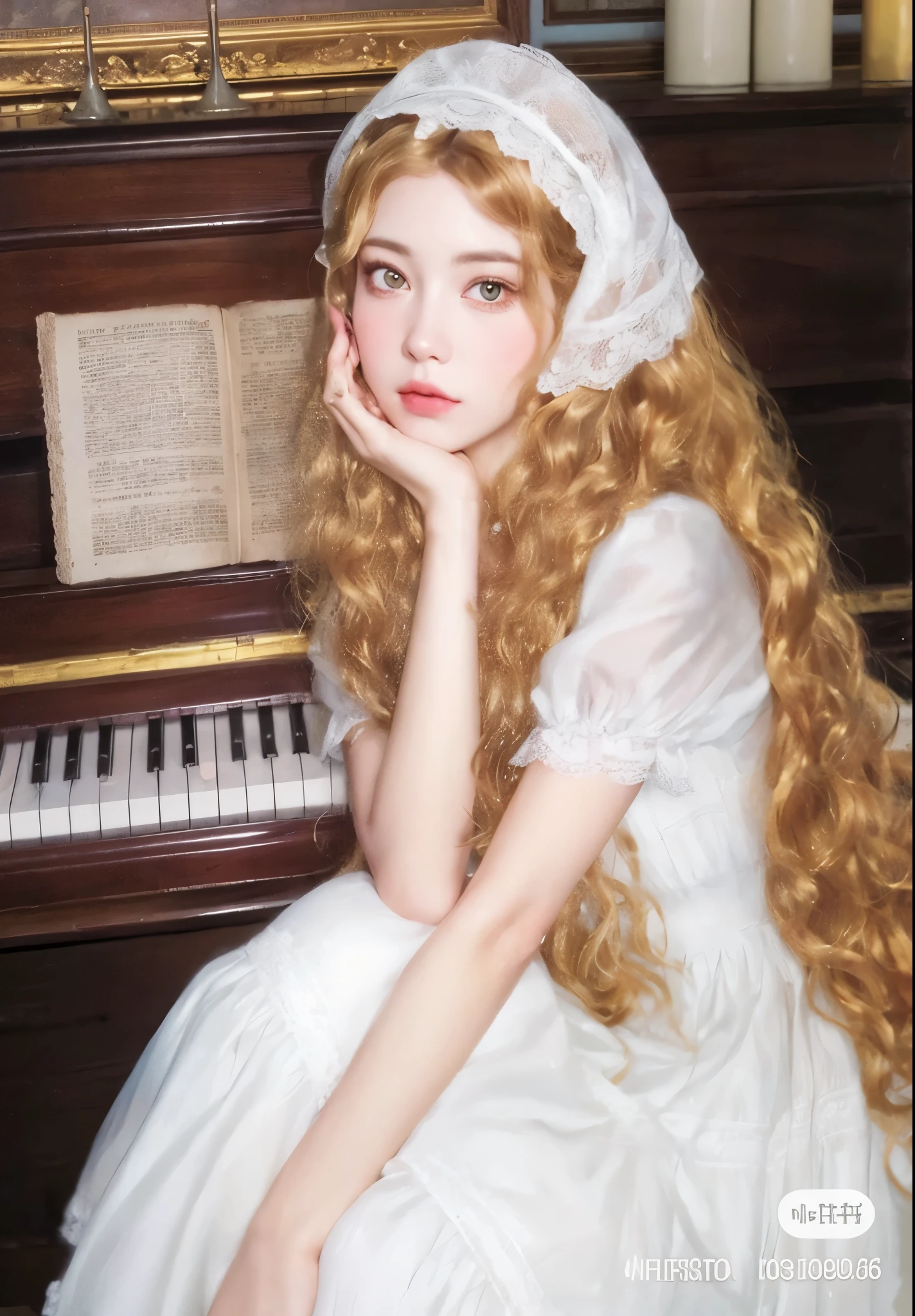 hay una mujer con cabello largo y rubio sentada al piano, en un estilo alto renacentista, Rococo queen, in victorian aristocrat, traje de estilo victoriano, bella delfina, con ropa victoriana, en un estilo renacentista, con el pelo largo y blanco, con pelo largo y rubio, con pelo largo y blanco, obra maestra de guweiz, retrato de ta, peinado de corte hime blanco