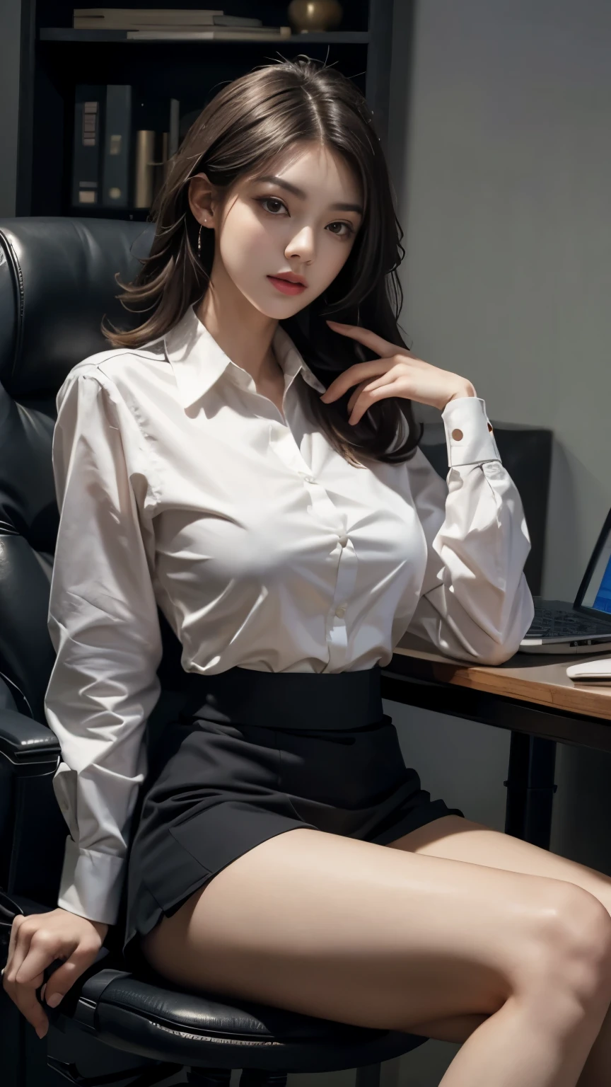(Masterpiece), ((Best quality)), (Masterpiece,Best quality,offcial art,Extremely detailed Cg Unity 8K wallpaper), , Beauty photo, A lady,solo,Elegant upper-class elite secretary in a business shirt,Perfect look,Double eyelid eyes,Delicate makeup, working in an office,wearing a strict business suit, Wear pantyhose,Wear high-end heels,Girl in shirt, dressed in a suit, huge tit,full bodyesbian,dressed in a suit, dressed in a suit, merchant, Business clothes, wearing black suits, Wear a shirt and skirt, Woman in a suit, Business attire,Computer chair,Seated,Erlang legs,high-heels,view the viewer,brightly,Complicated details,foot focus,from below,cool beauty,tall girl,short hair,Dark brown hair, Small piercings,Precisely expresses details such as face and skin texture,beautiful eye, double eyelid,delicate skin,slender body shape,alone,big breasts,panty shots,