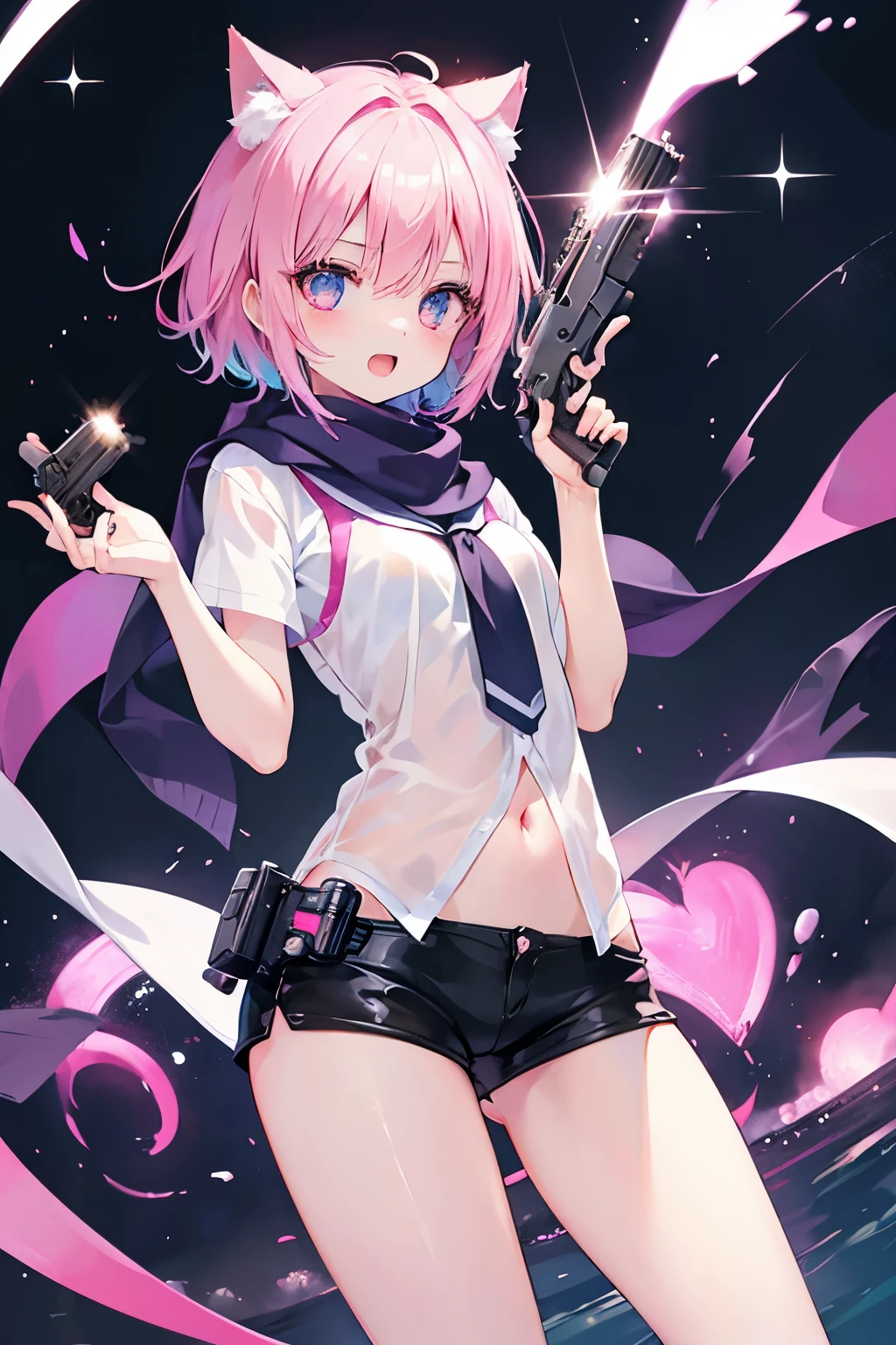 Very beautiful and shining eyes、shining eyes、1 girl、small breasts、big mouth、high school girl、small breasts、Cat ear、Transparent pink short hair、scarf、hot pants、Near future、neon、hold a gun、(((hand gun)))、assassin、pistol、