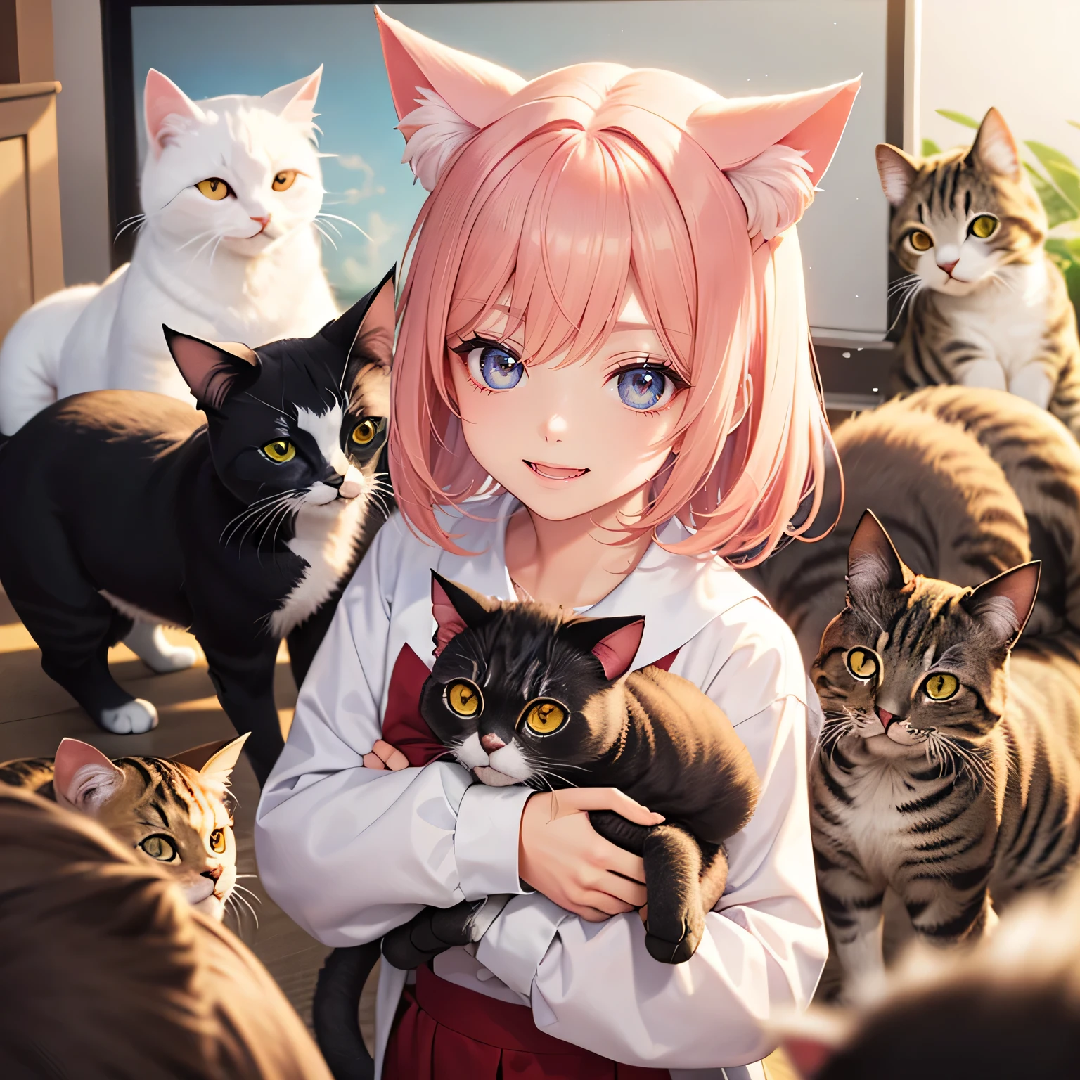 high quality, Awards, High resolution, Lots of cats、8 cats、Girl surrounded by cats,smile,beautiful girl,Cat ear,猫もsmile,cats surround the screen、猫の顔がbeautiful girlの隣,cats are surrounding the girl,後ろにLots of cats,more cats,Lots of cats,Through Background,Transparent background,plain background,
