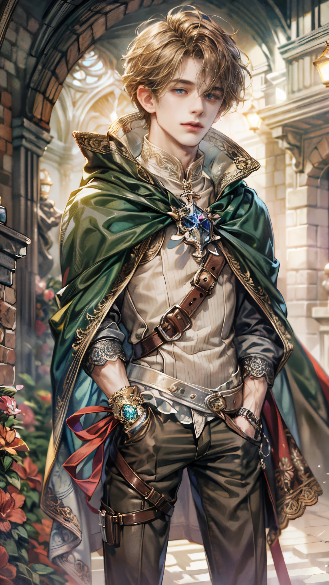 (absurdres, highres, ultra detailed, HDR), masterpiece, Intricate details,best quality picture of a character from Octopath Traveler, handsome teen boy with original Hair color, tim burton style, anime eyes, see through Outfit showing Chest with cape in a random color, detailed town scenery, detailed character, art kenouji