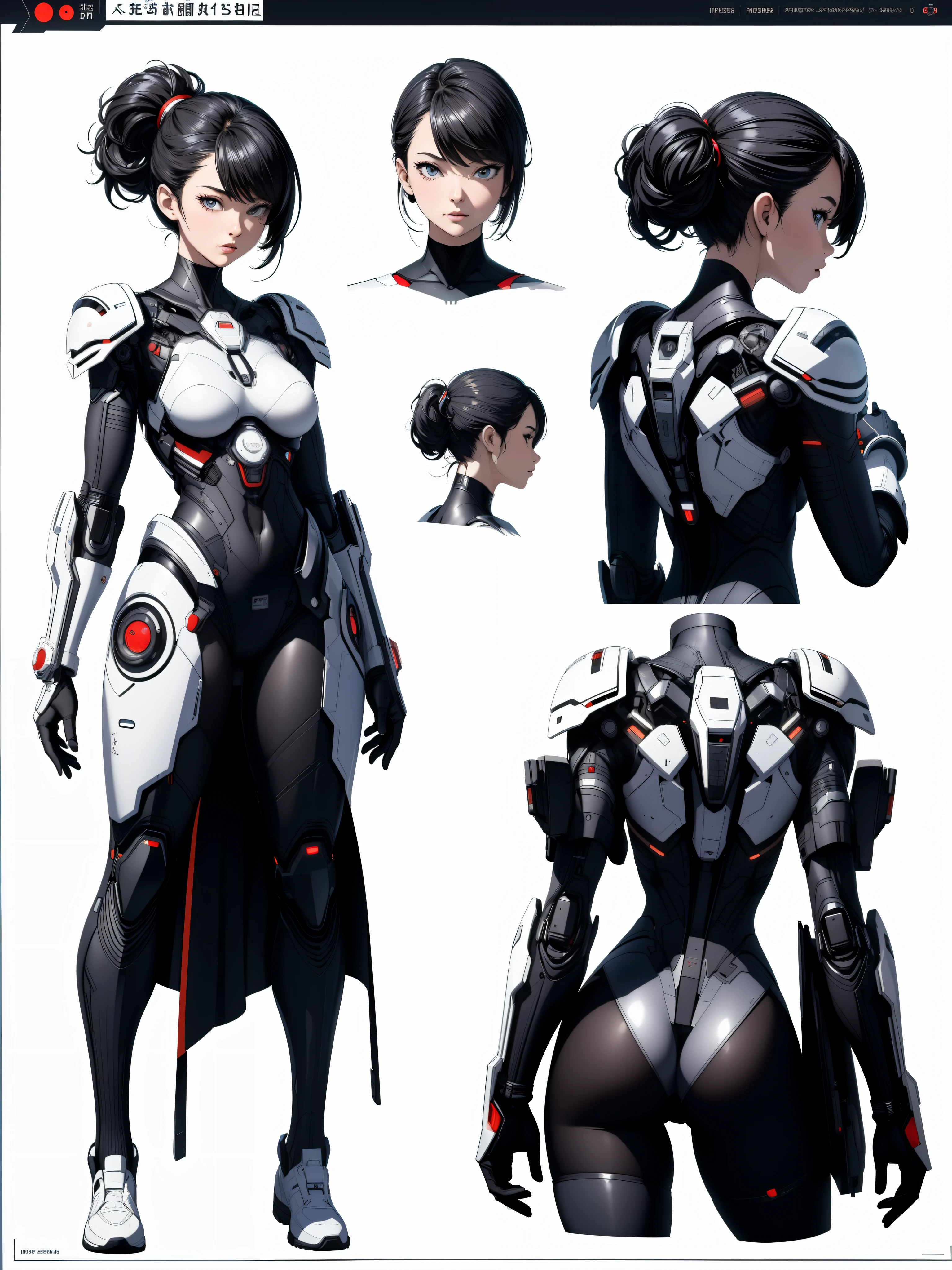 ((masterpiece)),(((best quality))),(character design sheet, same character, front, side, back),(CharacterSheet:1), (three view drawing), (multiple views, full body, upper body, reference sheet:1.2), (simple background, white background), (simple background, white background), cyborg girl, futuristic, cyberpunk