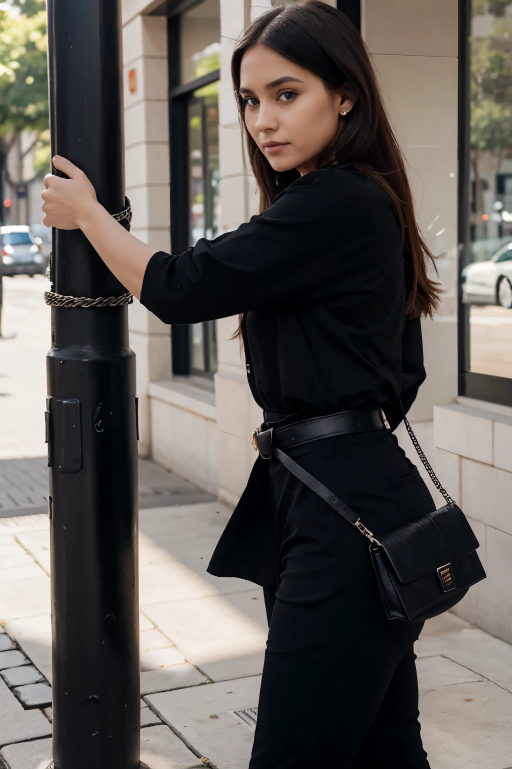 un primer plano de una mujer con una blusa, black dress pants, With a black belt, open heels of the same color as the blouse and a small black purse