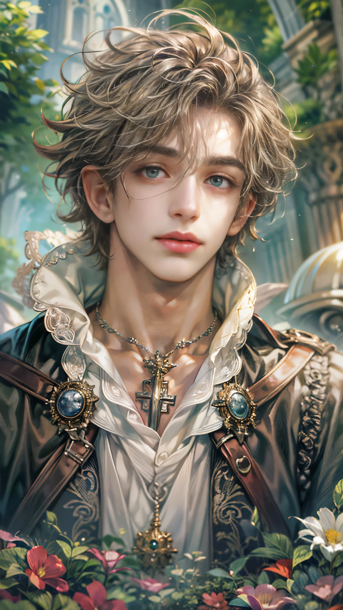 (absurdres, highres, ultra detailed, HDR), masterpiece, Intricate details,best quality close-up picture of a character from Octopath Traveler, handsome adult boy in tim burton style, anime eyes, Hero Outfit see through showing Chest with cape in a random color, detailed outside garden cathedral scenery, detailed character, art kenouji