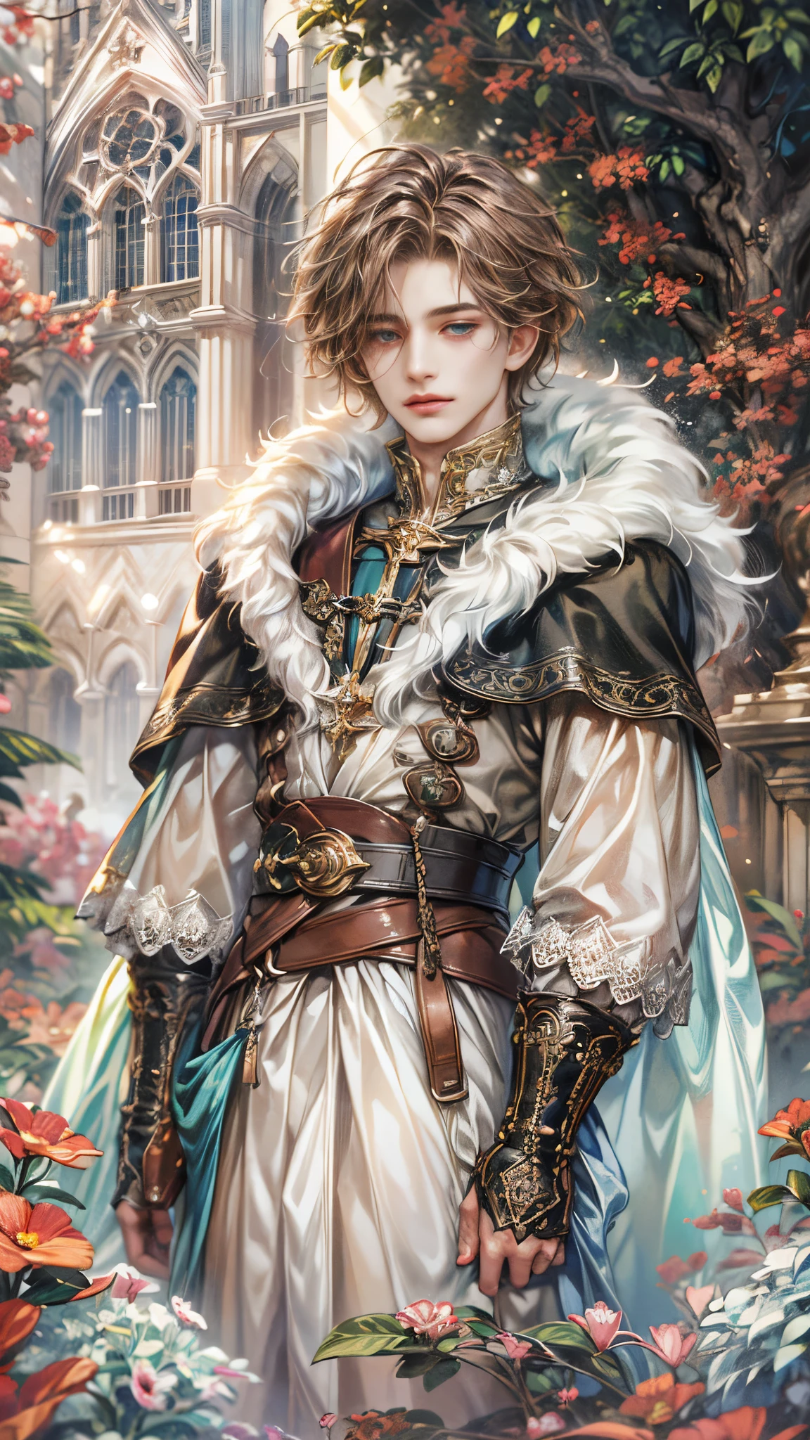 (absurdres, highres, ultra detailed, HDR), masterpiece, Intricate details,best quality close-up picture of a character from Octopath Traveler, handsome adult boy in tim burton style, anime eyes, Hero Outfit see through showing Chest with cape in a random color, detailed outside garden cathedral scenery, detailed character, art kenouji