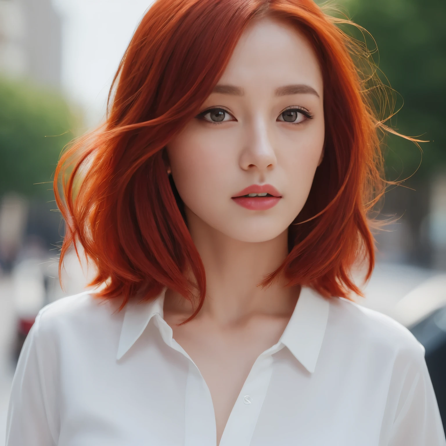 ((Best quality, 8k, Masterpiece :1.3)), Sharp focus :1.2, A beautiful Caucasian woman with perfect figure :1.4, Slender abs :1.2, ((Red hair, Big breasts :1.2)), (White button up long shirt :1.1), City street:1.2, Highly detailed face and skin texture, Detailed eyes, Double eyelid