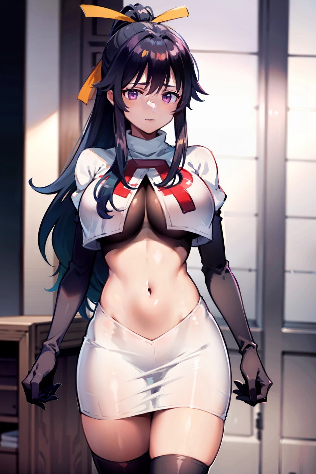 akane, 1girl, solo, long hair, skirt, large breasts, black hair, ribbon, very long hair, purple eyes, hair ribbon, ponytail, hakama skirt, miko, masterpiece, team rocket,team rocket uniform, red letter R, white skirt,white crop top,black thigh-highs,black elbow gloves