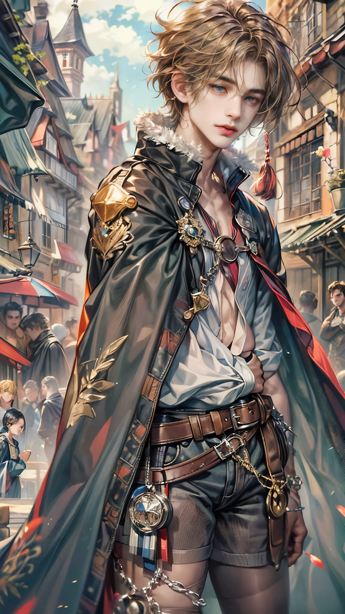 (absurdres, highres, ultra detailed, HDR), masterpiece, Intricate details,best quality close-up picture of a character from Octopath Traveler, handsome teen boy with original Hair color, tim burton style, anime eyes, see through Outfit showing Chest with cape in a random color, detailed town scenery, detailed character, art kenouji