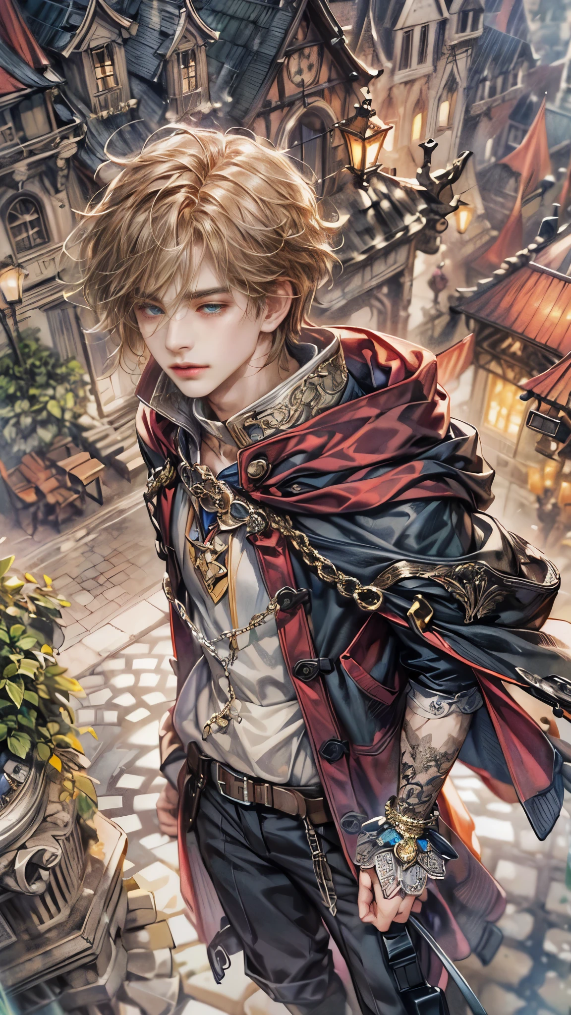 (absurdres, highres, ultra detailed, HDR), masterpiece, Intricate details,best quality close-up picture of a character from Octopath Traveler, handsome teen boy with original Hair color, tim burton style, anime eyes, see through Outfit showing Chest with cape in a random color, detailed town scenery, detailed character, art kenouji