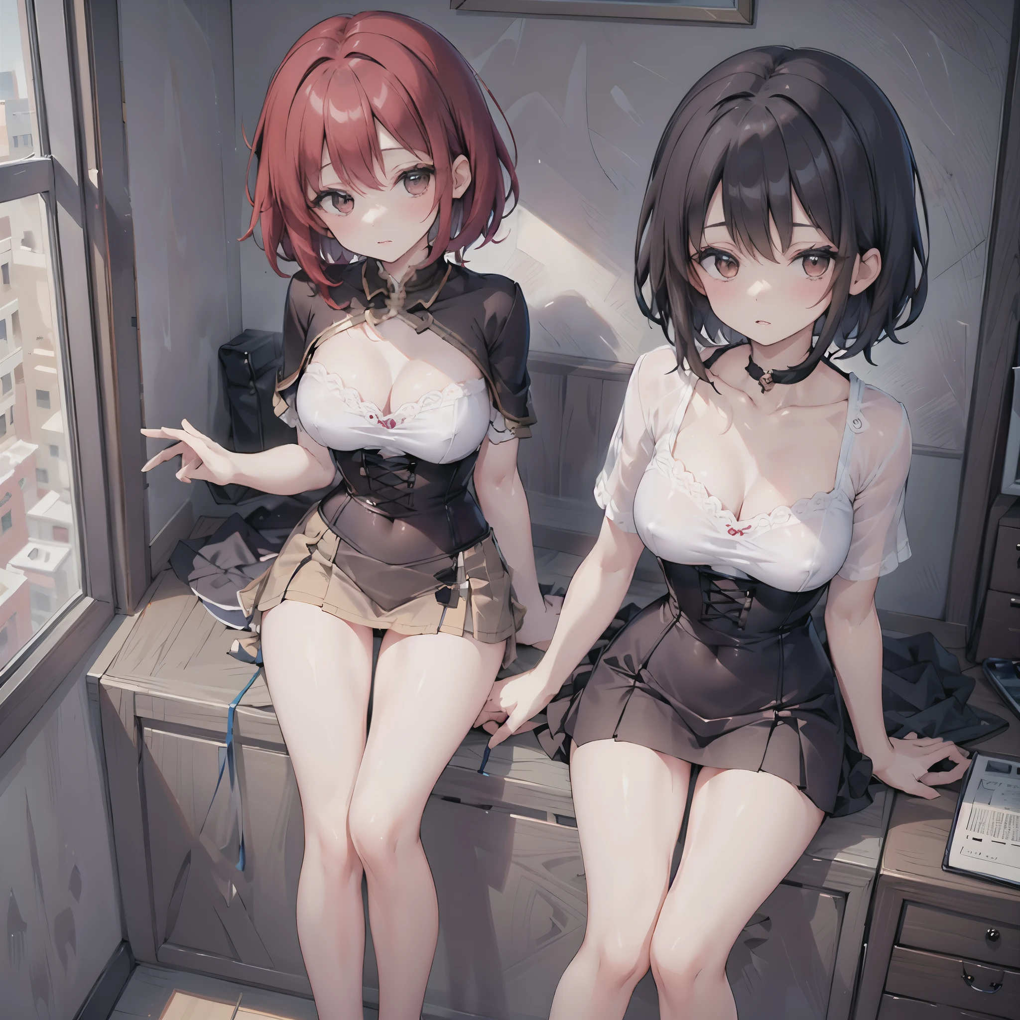 (solo 1 skinny girl:1.5), (the middle ages:1.2), (short red hair:1.5), (short dress:1.3), (plunging neckline), (wiry corset emphasize cleavage:1.1), (very short torso:1.3), (inconceivably thin narrow waist), short (brown capelet:1.2), BREAK, (flapping very short brown skirt:1.3), emphasize thigh gap, (thin long legs), nose blush