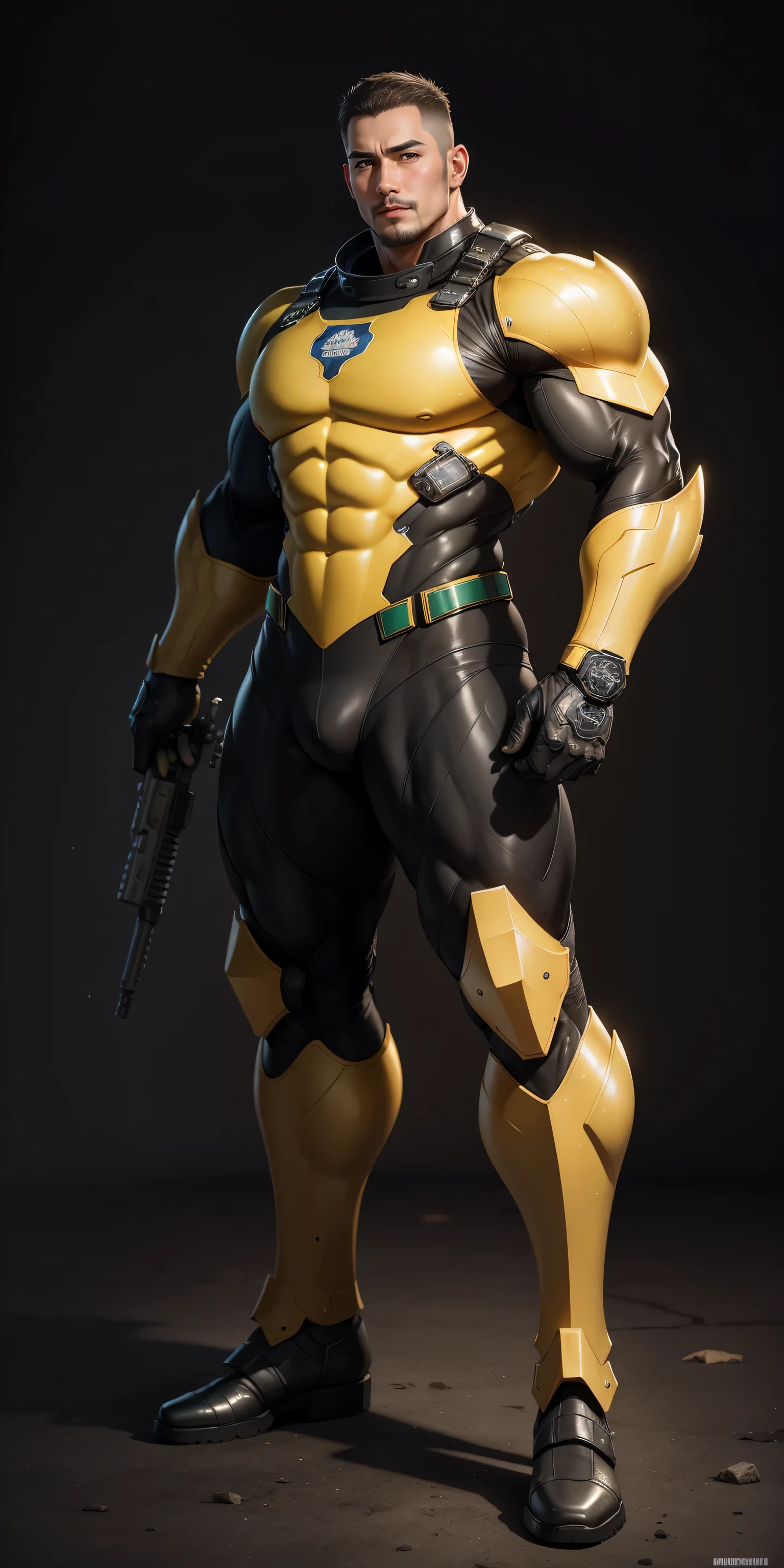 Tall giant muscular police officer，Yellow-gray honeycomb network pattern nano mecha，honeycomb pattern，Lightweight texture，character concept（Resident Evil - chris redfield，chris redfield）senior police officer，small grid texture，regular symmetrical texture pattern，sad expression，Deep and charming eyes，Emerald Eyes Hero，heroic male pose，高大burly，muscular！Charming leg muscles，High, burly, Heqiang，  Super gain and cool， high resolution committee， Yellow gray ultra-thin nano mechanical boots for big feet，Charming strong man，The bright sunshine is shining on you，matte particles，shiny texture