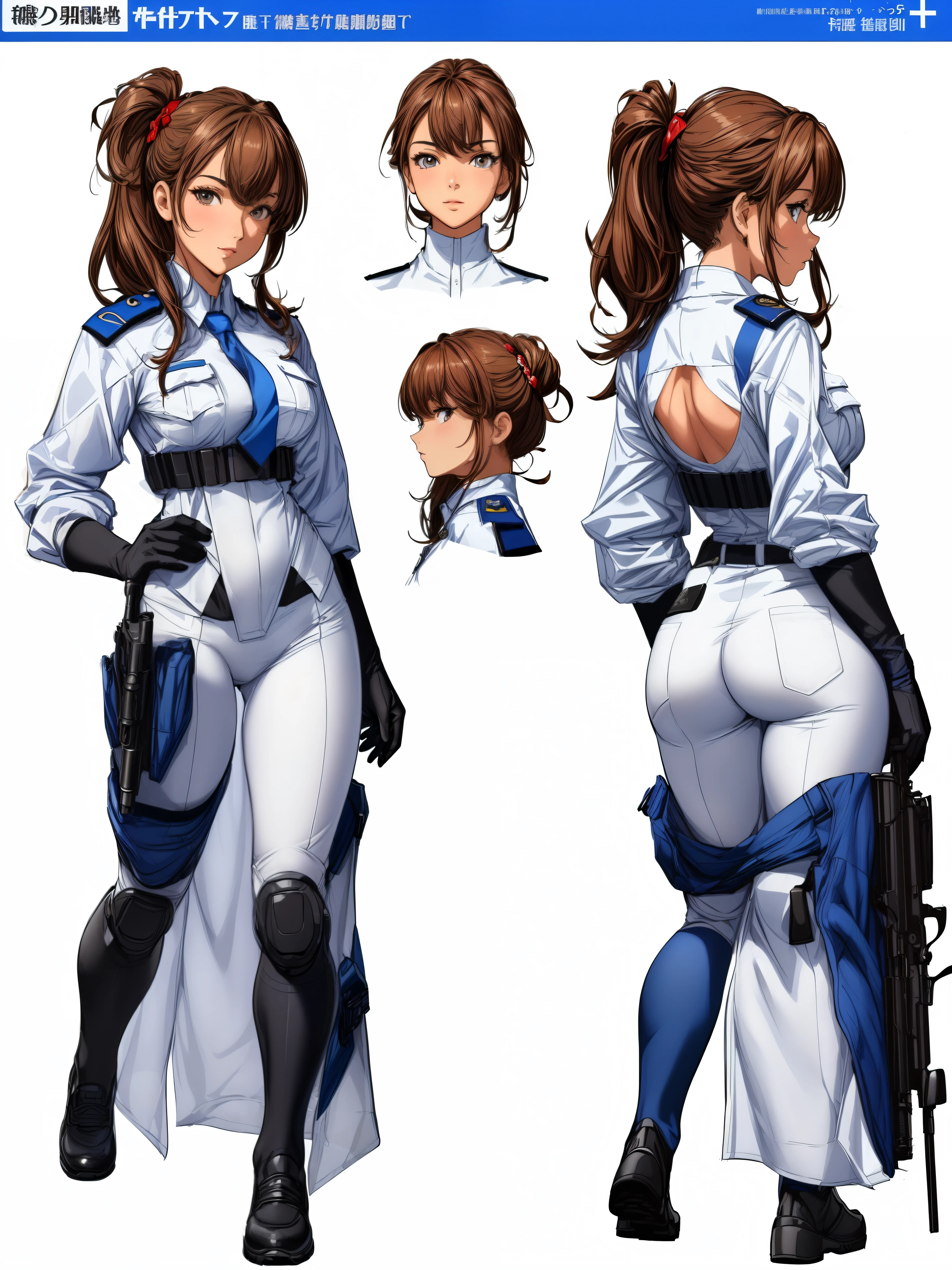 ((masterpiece)),(((best quality))),(character design sheet, same character, front, side, back),(CharacterSheet:1), (three view drawing), (multiple views, full body, upper body, reference sheet:1.2), (simple background, white background), (simple background, white background), police girl, police, soldier, uniform police, gun