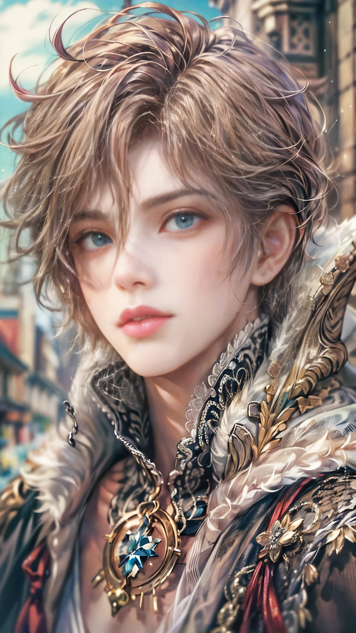 (absurdres, highres, ultra detailed, HDR), masterpiece, Intricate details,best quality close-up picture of a character from Octopath Traveler, handsome teen boy with original Hair color, tim burton style, anime eyes, see through Outfit showing Chest with cape in a random color, detailed town scenery, detailed character, art kenouji