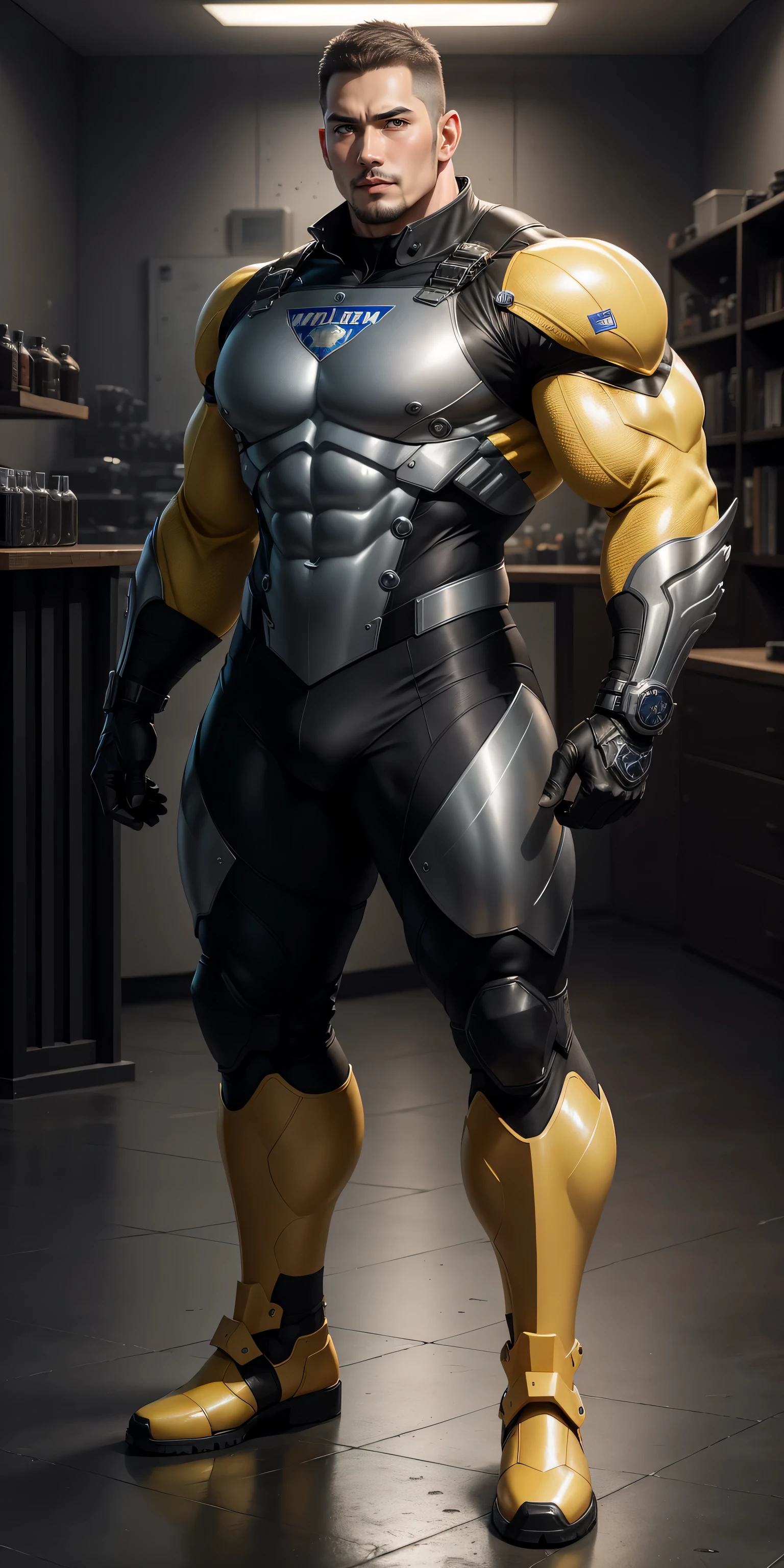 Tall giant muscular police officer,Yellow gray network pattern nano mecha,honeycomb pattern,Lightweight texture,character concept(Resident Evil - chris redfield,chris redfield)senior police officer,small grid texture,regular symmetrical texture pattern,sad expression,Deep and charming eyes,Standing in bright mechanical laboratory,Emerald Eyes Hero,heroic male pose,高大burly,muscular!Charming leg muscles,High, burly, Heqiang, Super gain and cool, high resolution committee, Yellow gray ultra-thin nano mechanical boots for big feet,Charming strong man,The bright sunshine is shining on you,matte particles,shiny texture