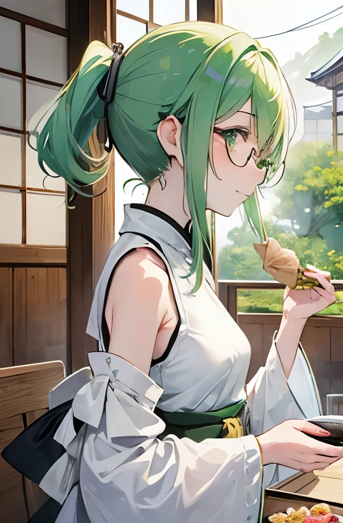 light green middle hair、pale green eyes、ponytail、private server、shoulder off knit、、、back view、、small breasts、smiling、glasses、Eating around、eating dumplings、arms raised、Kyoto、ancient folk house