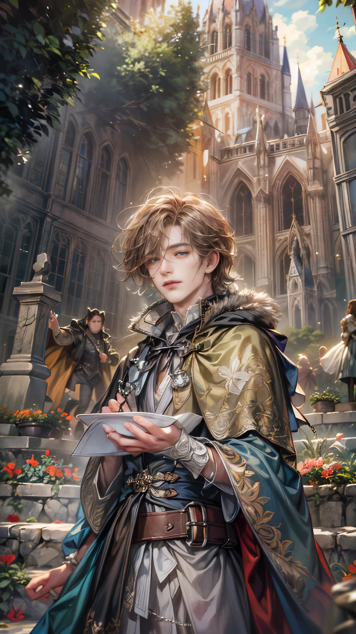 (absurdres, highres, ultra detailed, HDR), masterpiece, Intricate details,best quality close-up picture of a character from Octopath Traveler, handsome adult boy in tim burton style, anime eyes, Hero Outfit see through showing Chest with cape in a random color, detailed outside garden cathedral scenery, detailed character, art kenouji