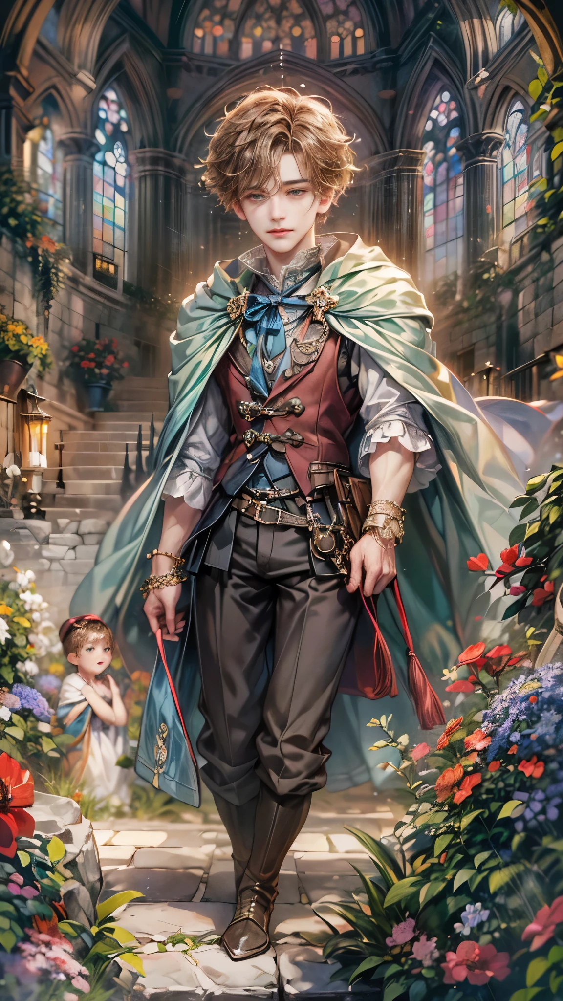 (absurdres, highres, ultra detailed, HDR), masterpiece, Intricate details,best quality close-up picture of a character from Octopath Traveler, handsome adult boy in tim burton style, anime eyes, Hero Outfit see through showing Chest with cape in a random color, detailed outside garden cathedral scenery, detailed character, art kenouji