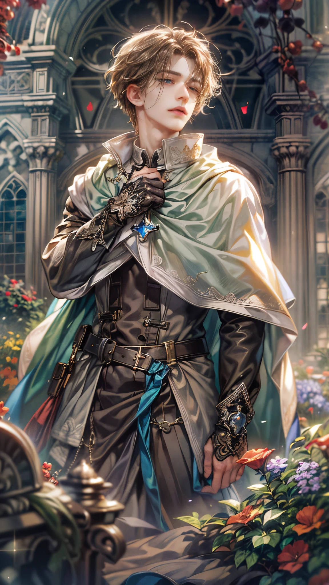 (absurdres, highres, ultra detailed, HDR), masterpiece, Intricate details,best quality close-up picture of a character from Octopath Traveler, handsome adult boy in tim burton style, anime eyes, Hero Outfit see through showing Chest with cape in a random color, detailed outside garden cathedral scenery, detailed character, art kenouji