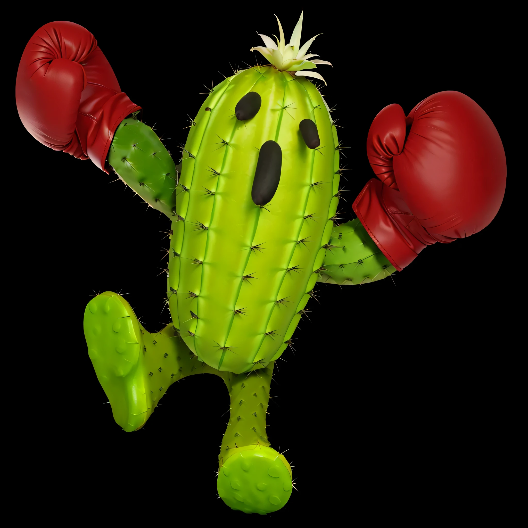 um cacto, with arms and legs. textura vegetal, feet with realistic cactus texture. com luvas de boxe