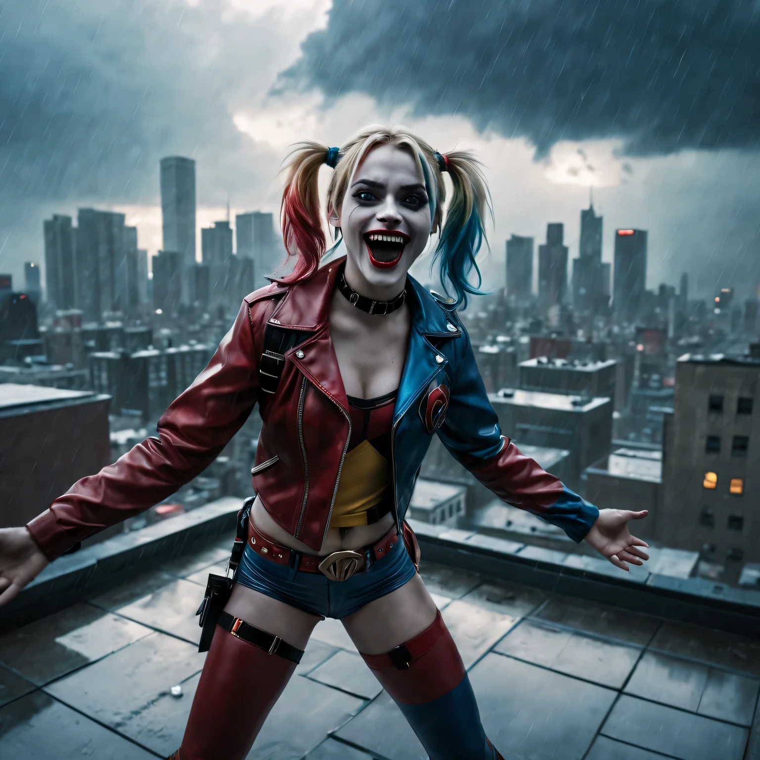 Wide-angle lens, Harley Quinn standing on the roof of a city building during a storm, open arms and laugh, focus blur (best quality, high resolution, masterpiece:1.2), Super detailed, lifelike:1.37, dark, surreal, fear, Detailed cloud, dramatic lighting, bright colors, motion blur, rain, City skyline, weird atmosphere.