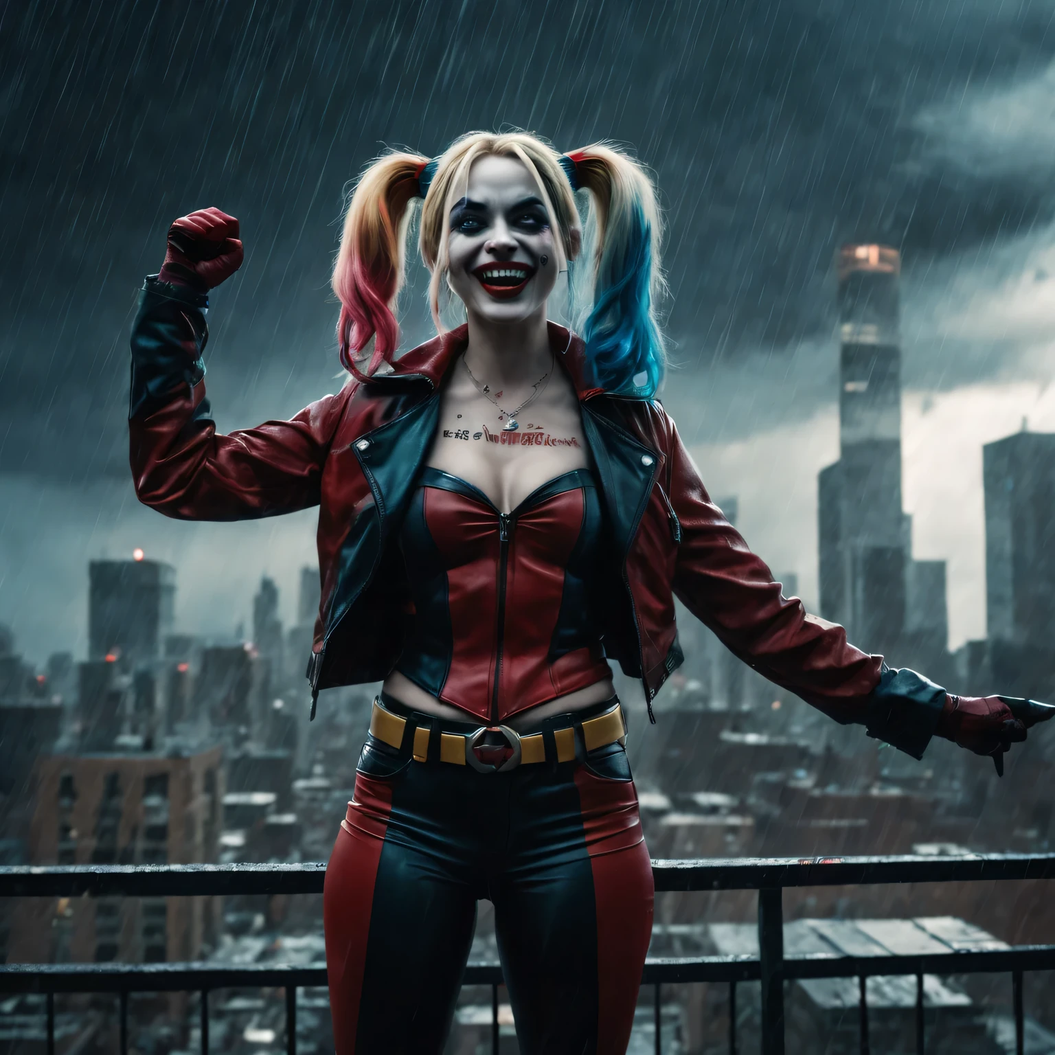 Wide-angle lens, Harley Quinn standing on the roof of a city building during a storm, open arms and laugh, focus blur (best quality, high resolution, masterpiece:1.2), Super detailed, lifelike:1.37, dark, surreal, fear, Detailed cloud, dramatic lighting, bright colors, motion blur, rain, City skyline, weird atmosphere.