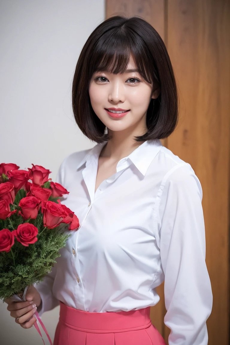 medium view, medium shot, written boundary depth, bust, Upper body, cinematic angle, masterpiece, highest quality, Super detailed, CG, 8k wallpaper, beautiful face, delicate eyes, maiden, alone, smile, bangs, skirt, shirt, have, pink dress, bow, petal, bouquet