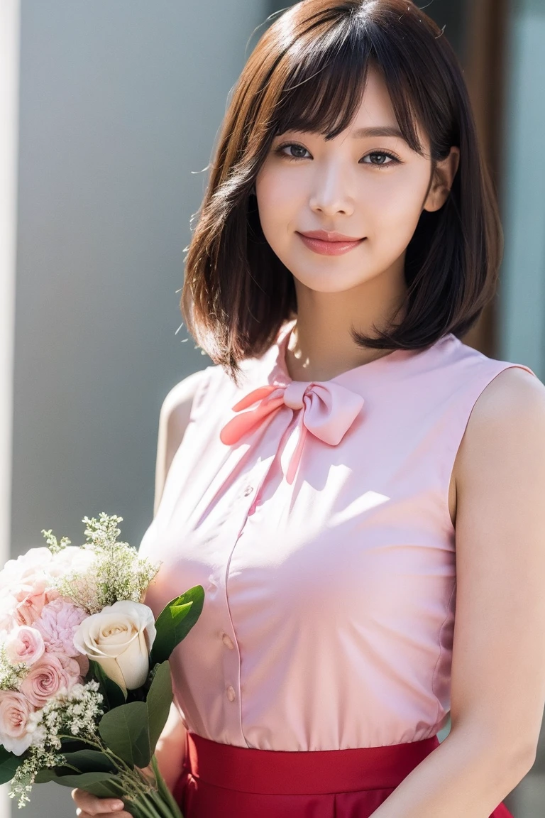 medium view, medium shot, written boundary depth, bust, Upper body, cinematic angle, masterpiece, highest quality, Super detailed, CG, 8k wallpaper, beautiful face, delicate eyes, maiden, alone, smile, bangs, skirt, shirt, have, pink dress, bow, petal, bouquet